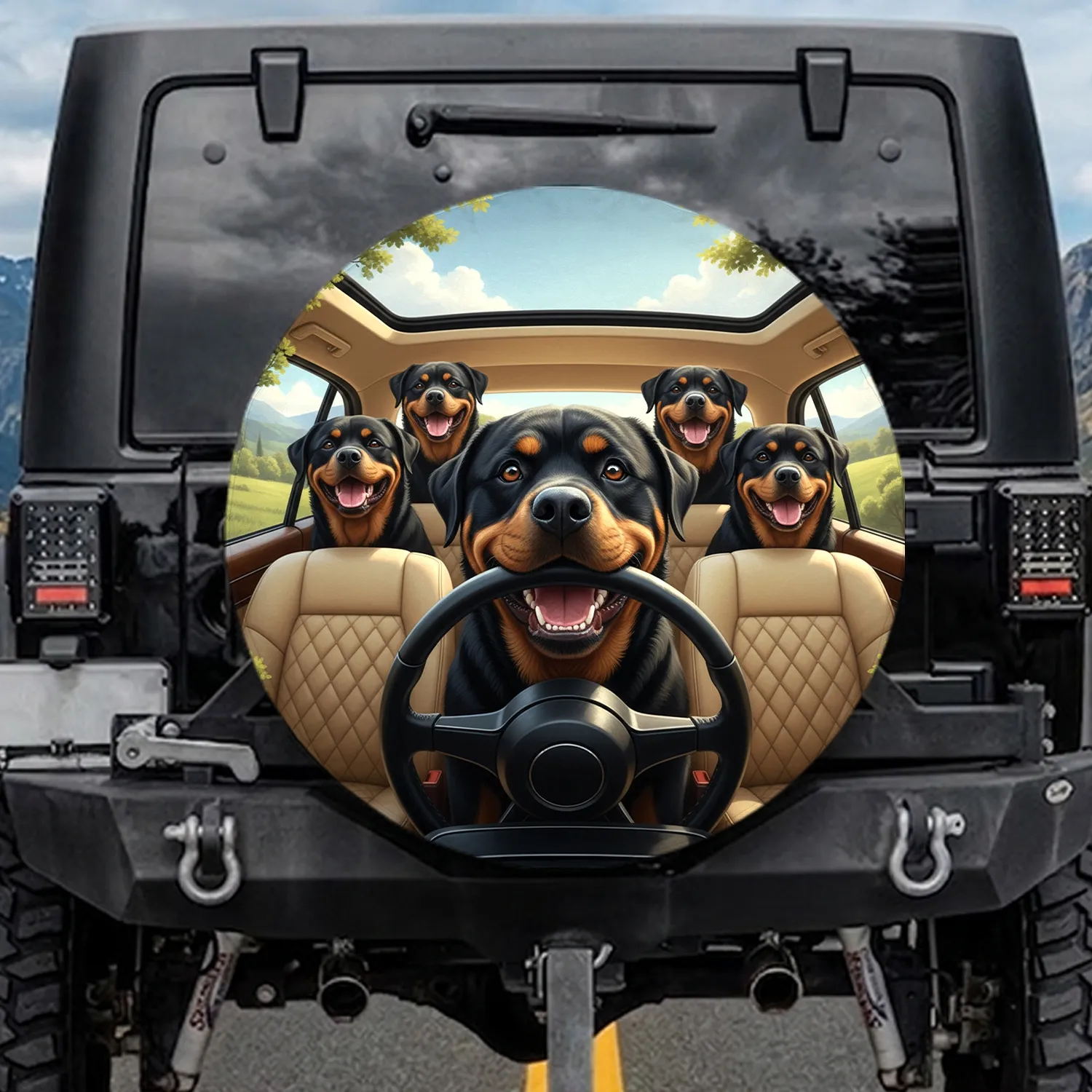 Five Rottweiler Dogs Car Interior Scene - Adventure Travel Gift for Dog Owners Spare Tire Cover - 1