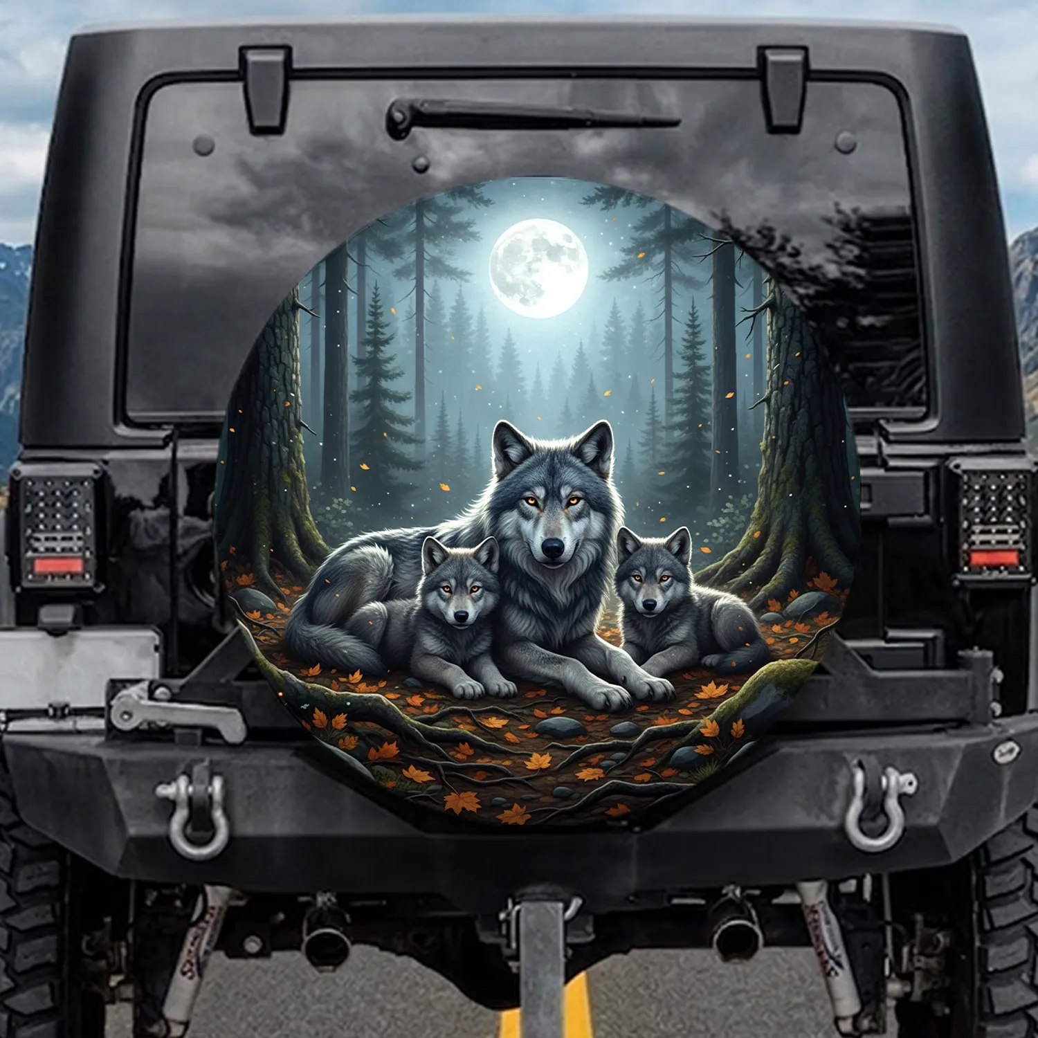 Grey Wolf Pups Forest Floor Pine Trees Full Moon Autumn Leaves Night Scene - Wildlife Lover Gift Spare Tire Cover - 1