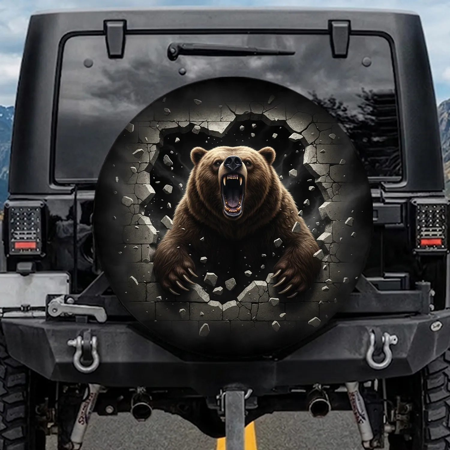 Fearsome Roaring Grizzly Bear Shattering Stone Wall Abyss - Outdoor Adventure Gift Spare Tire Cover - 1