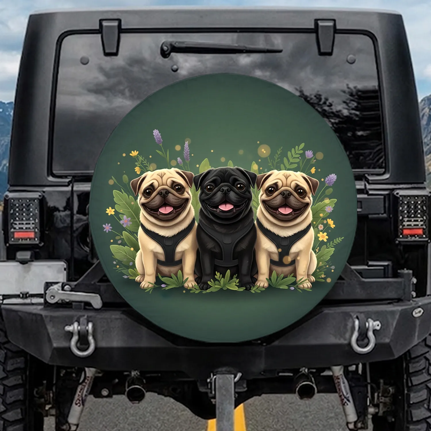 Three Pugs Botanical Wildflower Forest - Dog Lover Home Decor Gift Spare Tire Cover - 1