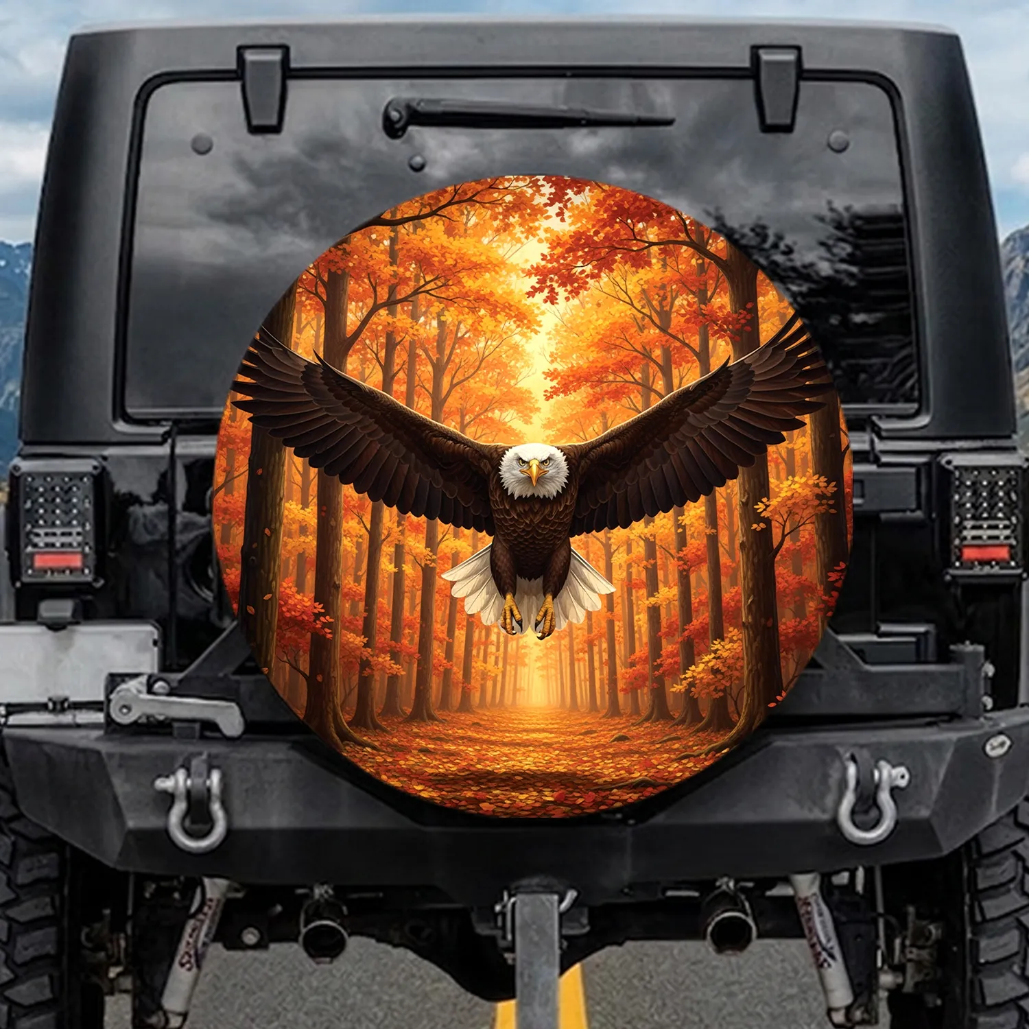 Majestic Bald Eagle Soaring Fiery Golden Autumn Forest Canopy - Wildlife Lover Gift Spare Tire Cover - 1