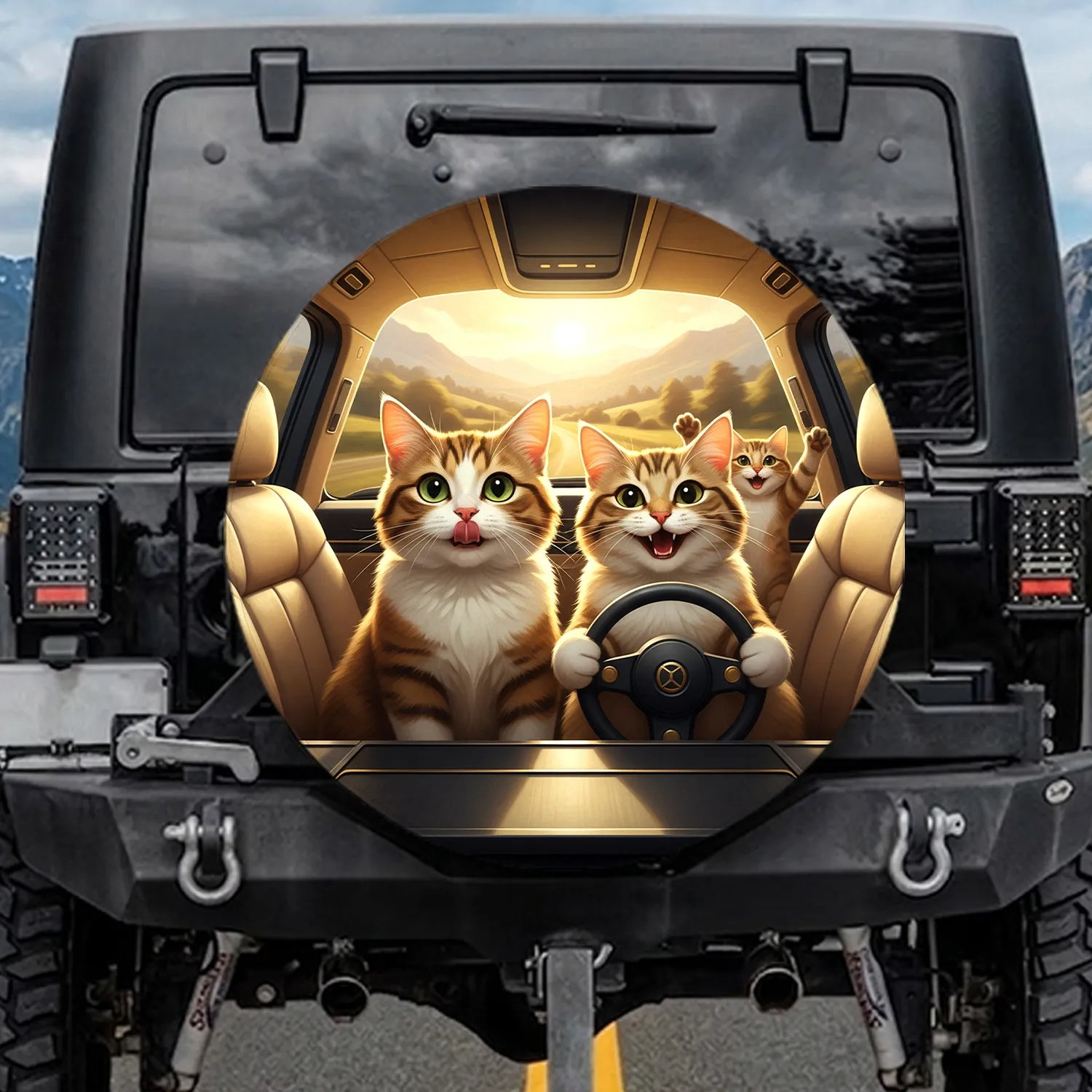 Tabby Cats Licking Nose Grinning Steering Wheel Plush Seating - Road Trip Adventure Gift Spare Tire Cover - 1