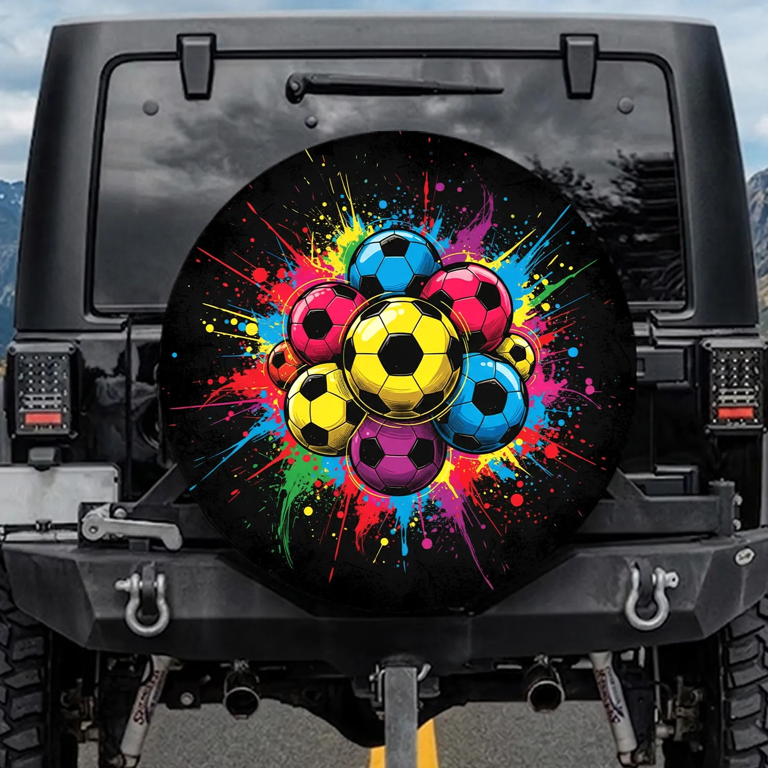 Multiple Soccer Balls Paint Splatters Grunge Textures Black Background - Sports Fan Gift Spare Tire Cover - 1