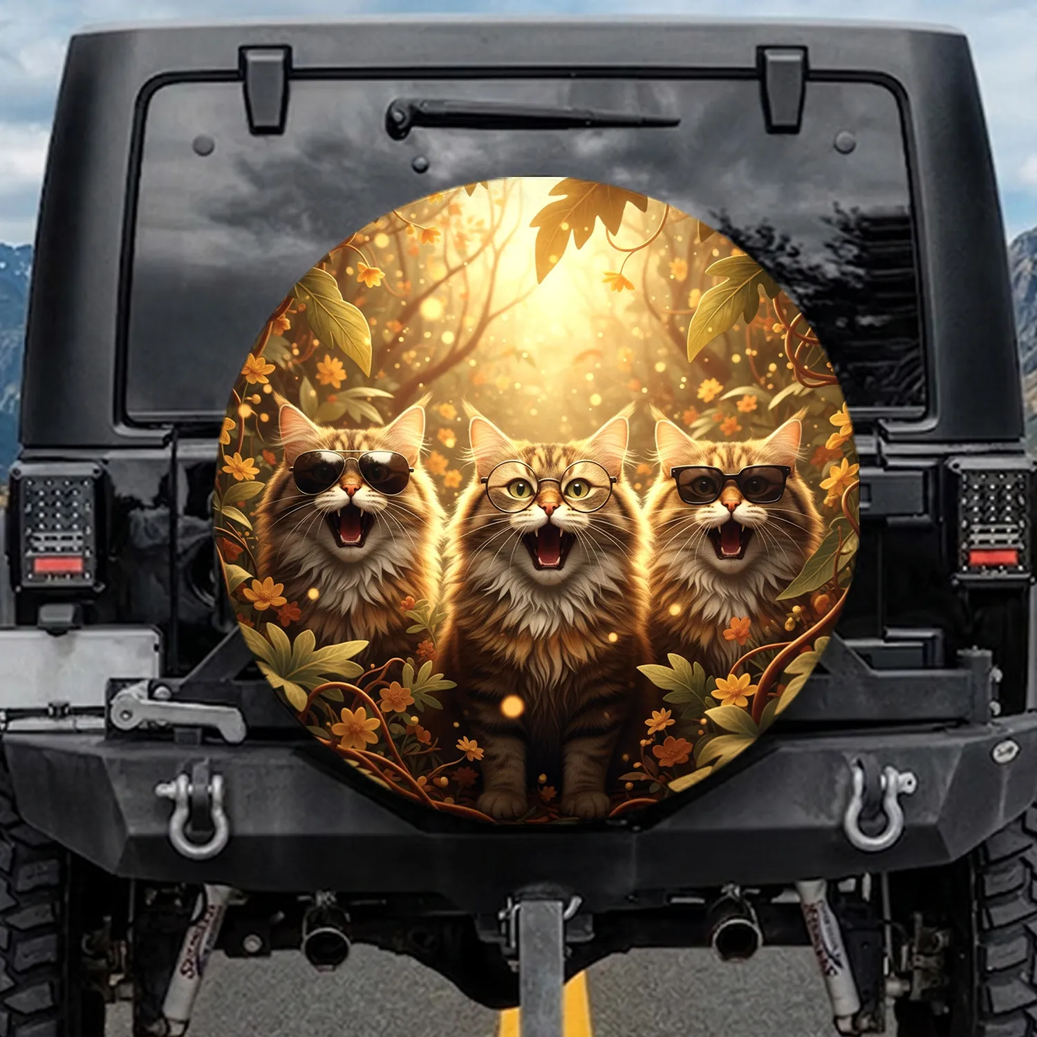 Fluffy Yelling Tabby Cats Sunglasses Lush Foliage - Wildlife Lover Gift Spare Tire Cover - 1