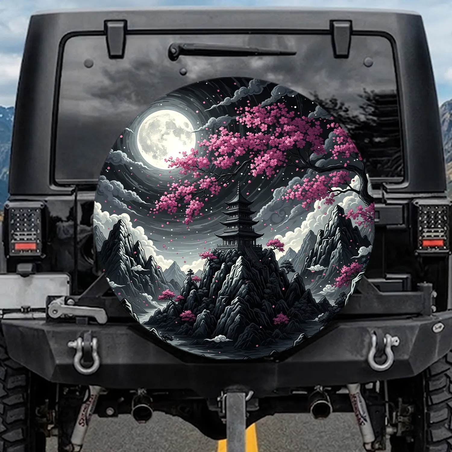 Fuchsia Cherry Blossom Pagoda Mountain Moon - East Asian Decor Gift Spare Tire Cover - 1