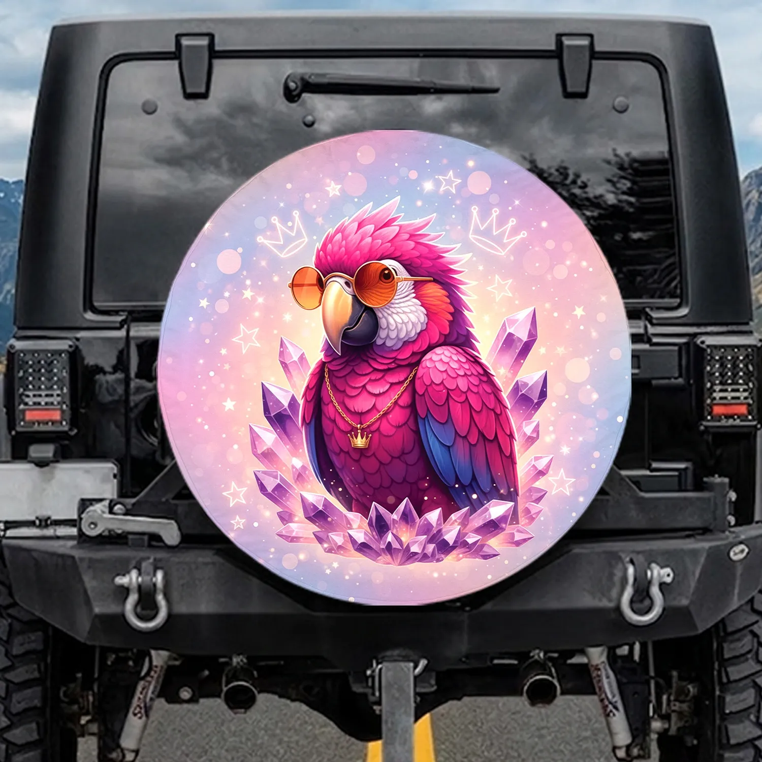 Parrot Orange Sunglasses Golden Crown Amethyst Crystals Stars - Wildlife Lover Gift Spare Tire Cover - 1