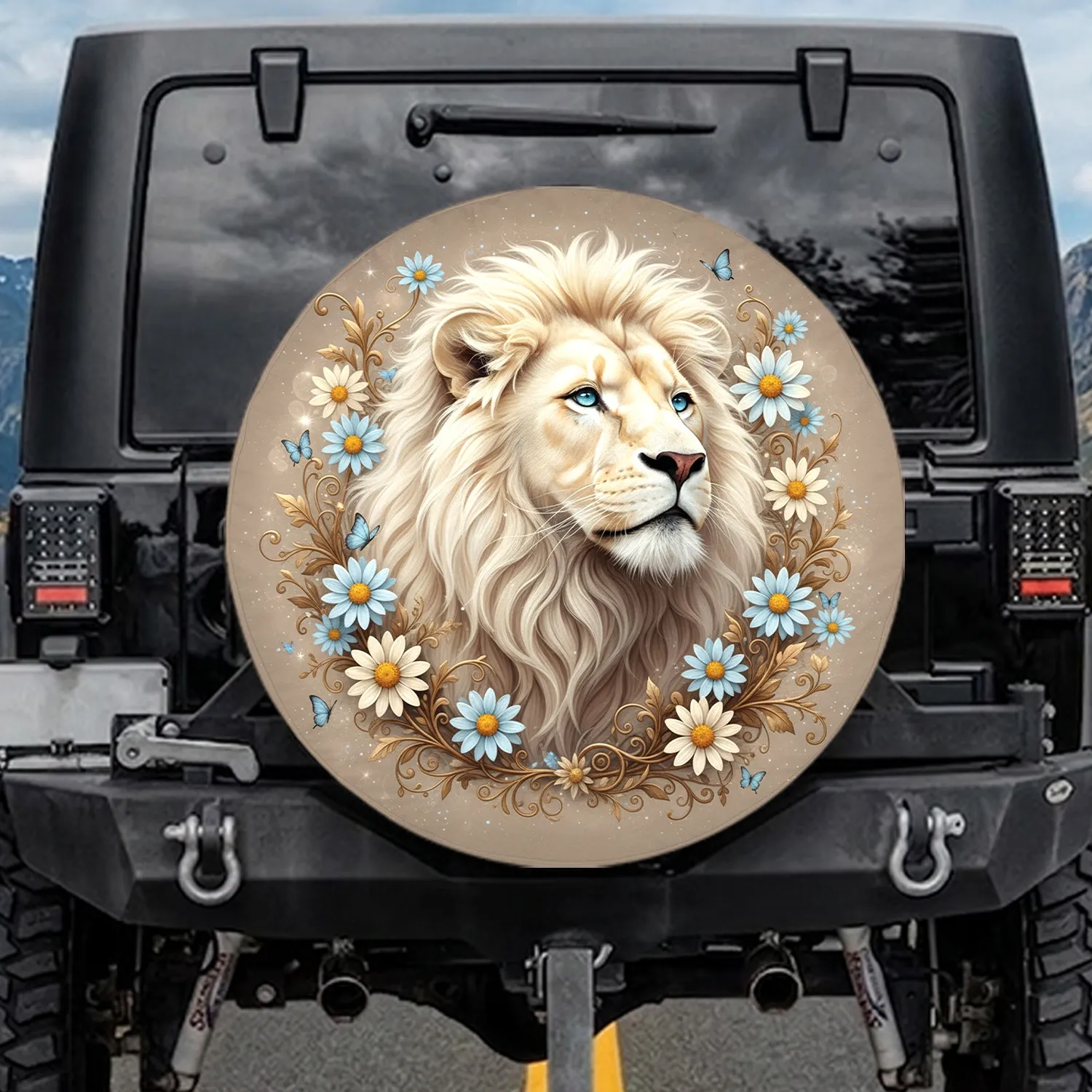 White Lion Daisies Botanical Butterflies - Wildlife Lover Gift Spare Tire Cover - 1