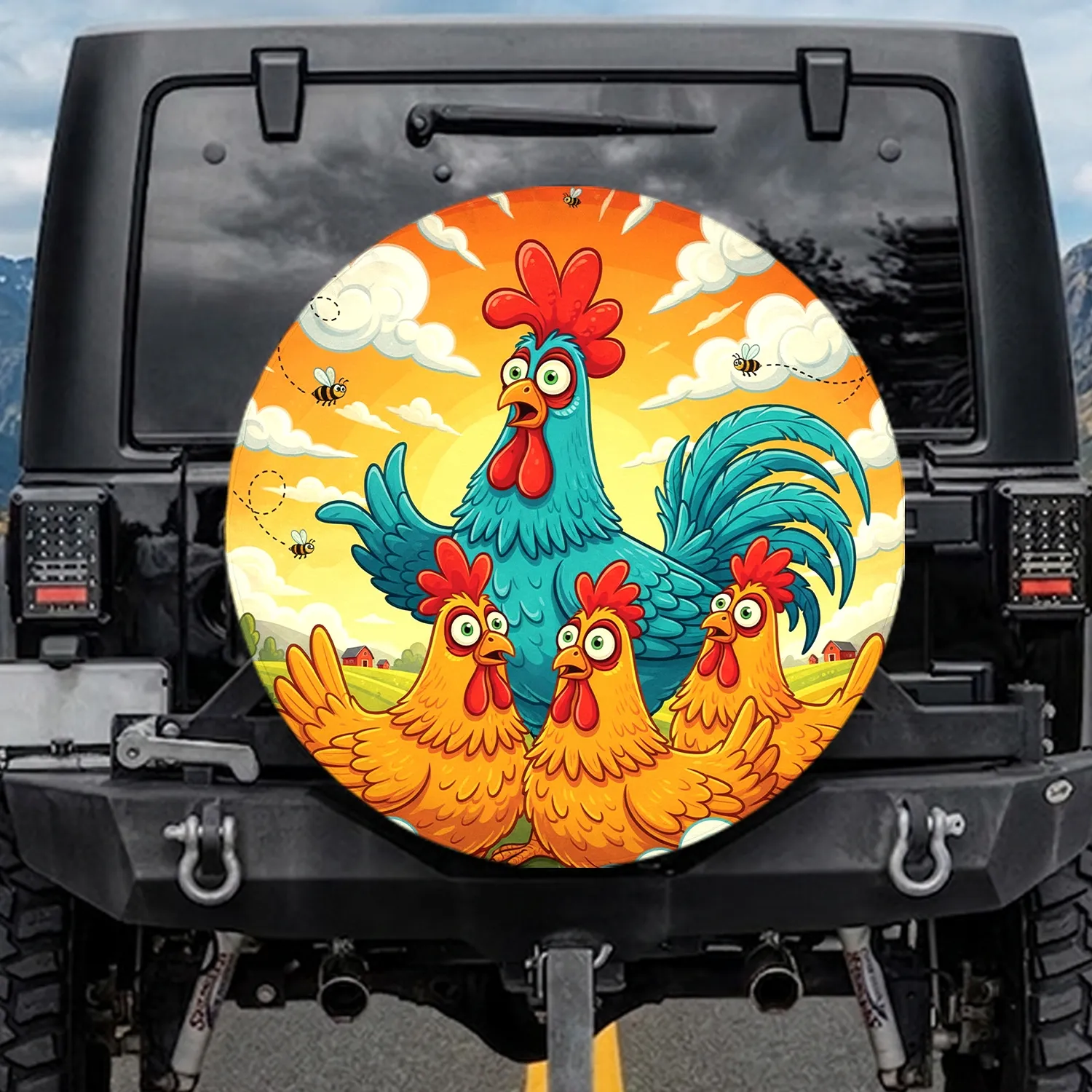 Startled Chickens Rooster Hens Rural Scene - Farmhouse Decor Gift Spare Tire Cover - 1