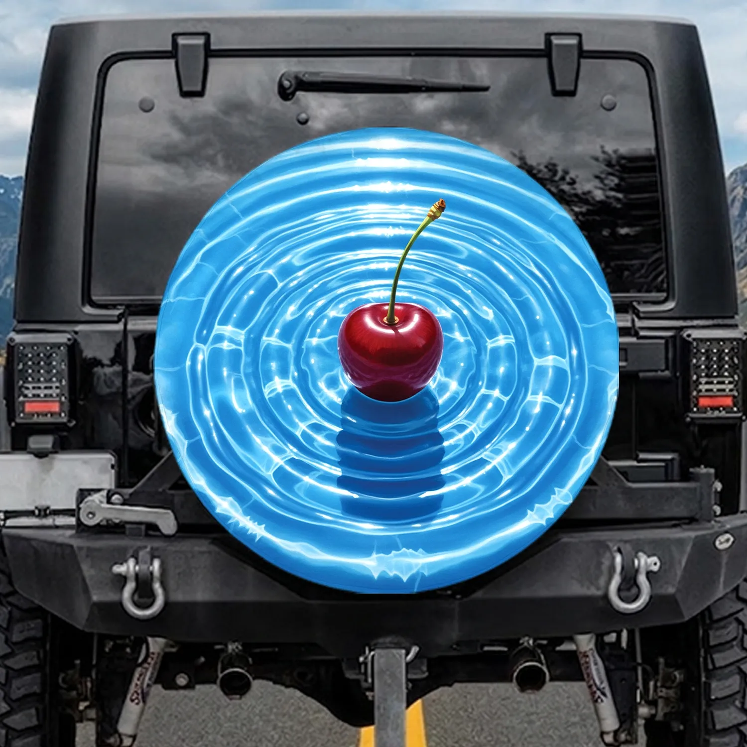 Glossy Red Cherry, Clear Blue Water Ripples, Light Reflections - Travel Essentials Gift Spare Tire Cover - 1