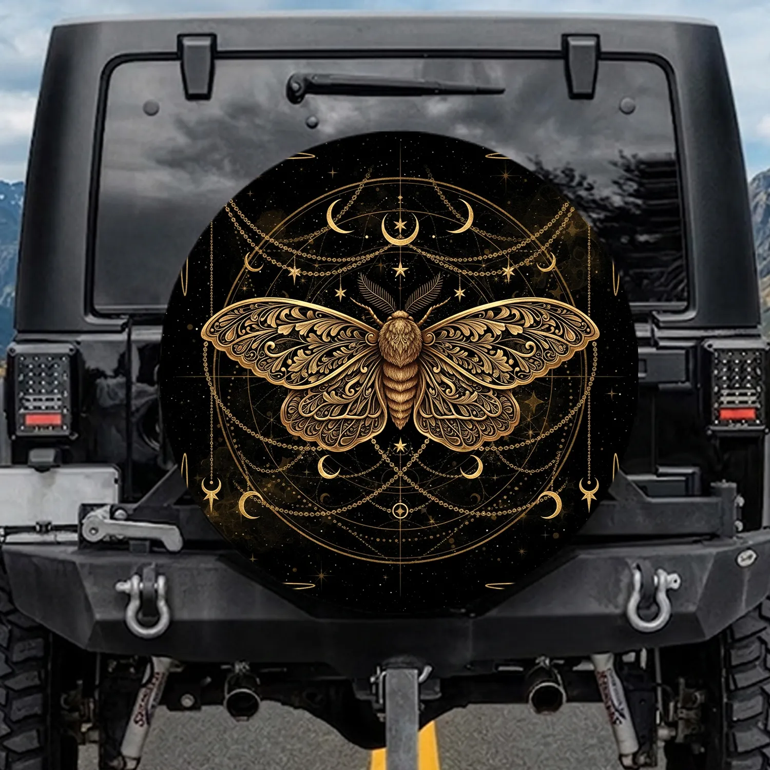 Moth Celestial Gold Filigree Stars Moon - Home Decor Gift for Moth Lover Spare Tire Cover - 1
