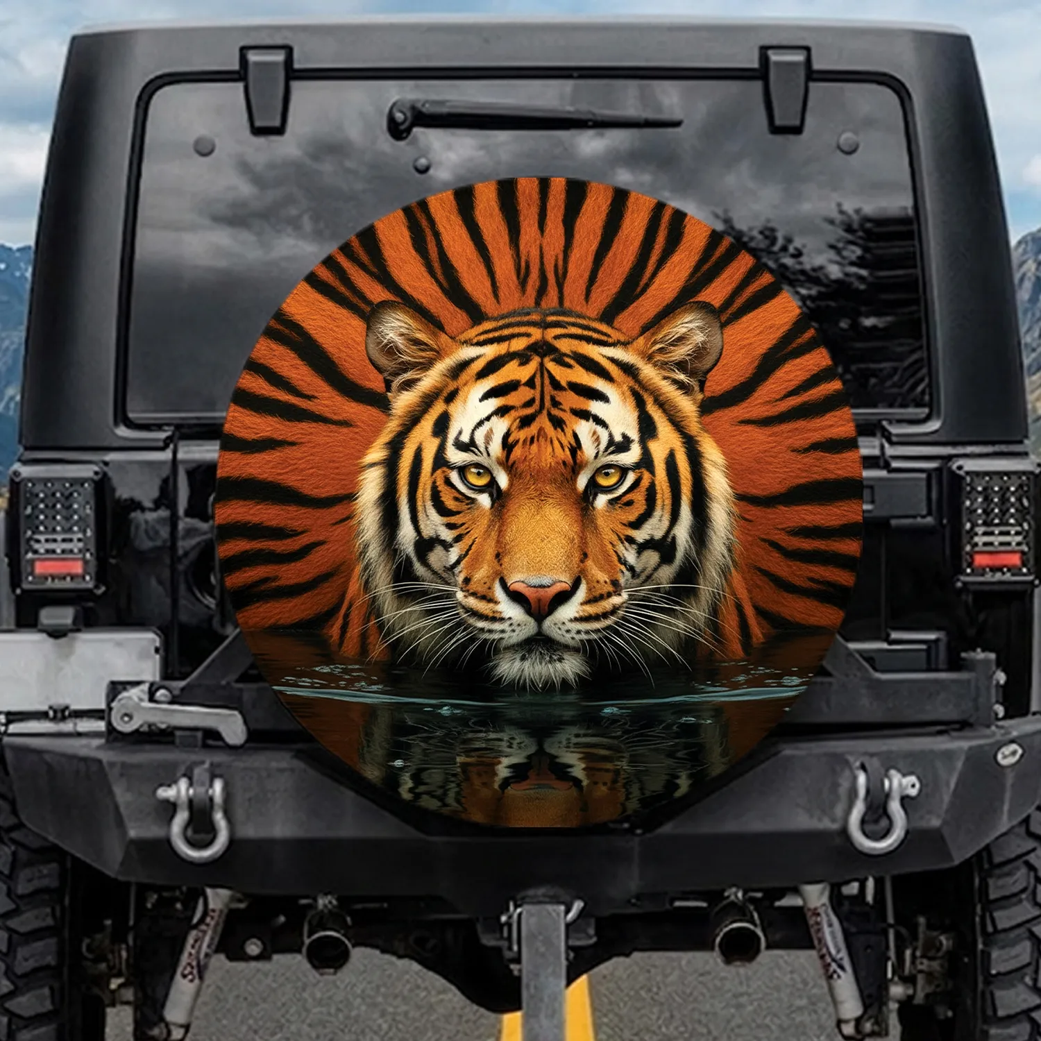 Bengal Tiger Face Emerging from Water with Striped Fur - Wildlife Lover Gift Spare Tire Cover - 1
