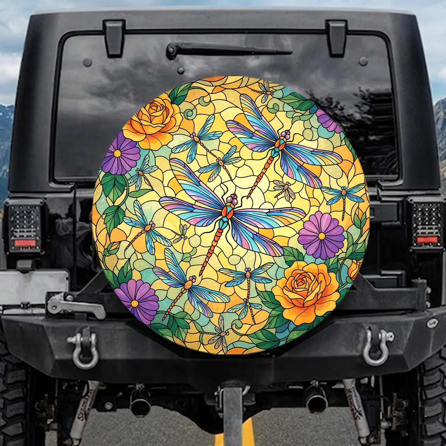 Dragonflies Stained Glass Rose Blooms - Garden Lover Gift Spare Tire Cover - 1