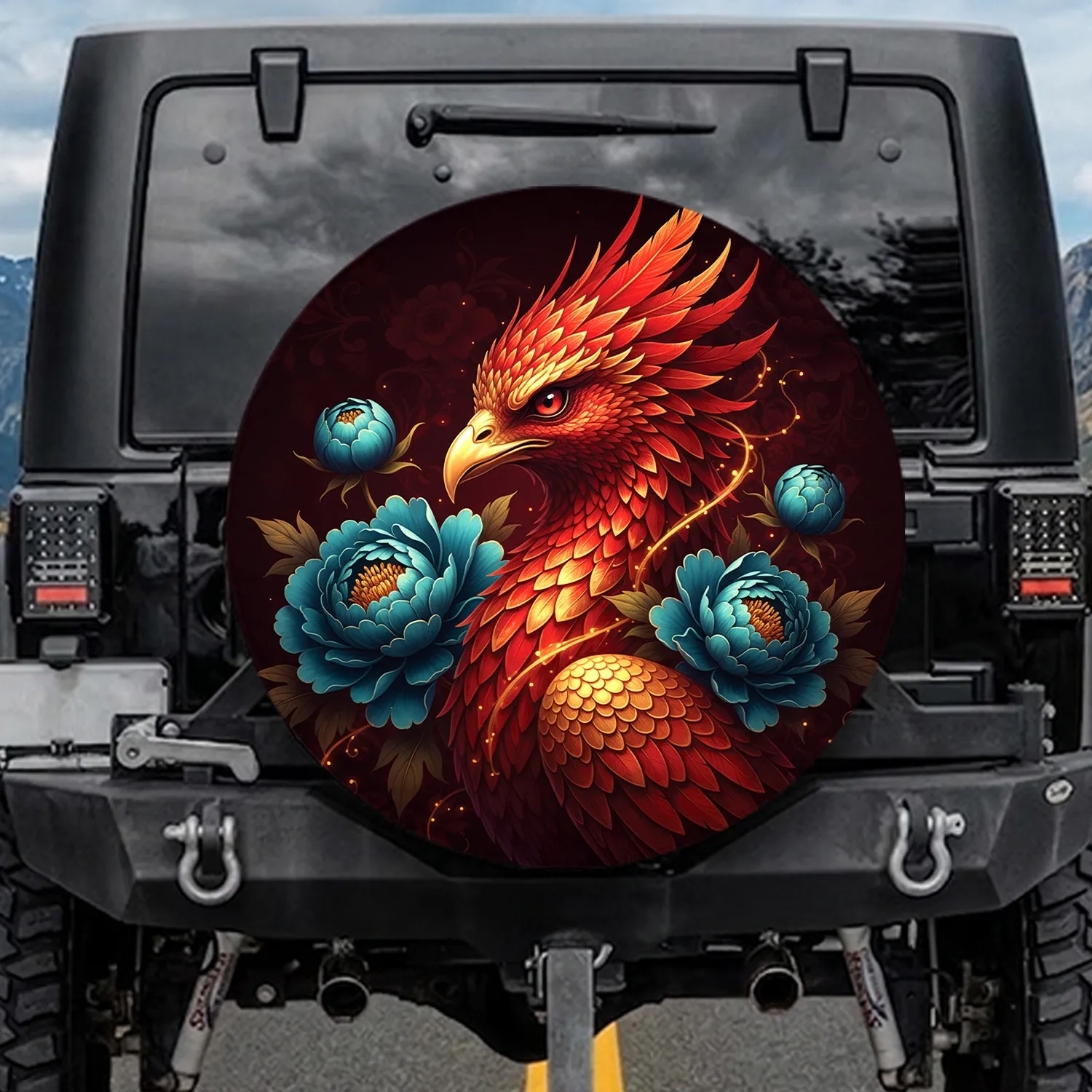 Phoenix Peony Blossoms Majestic Creature Floral Fantasy Decor Gift for Wildlife Lover Spare Tire Cover - 1