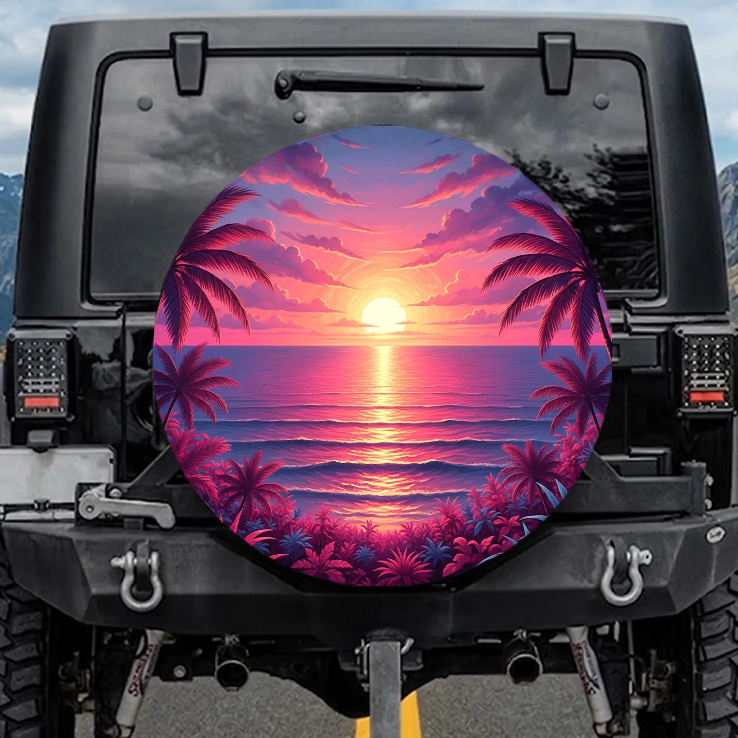 Tropical Ocean Sunset Palm Tree Foliage - Car Accessory Decor Gift Spare Tire Cover - 1