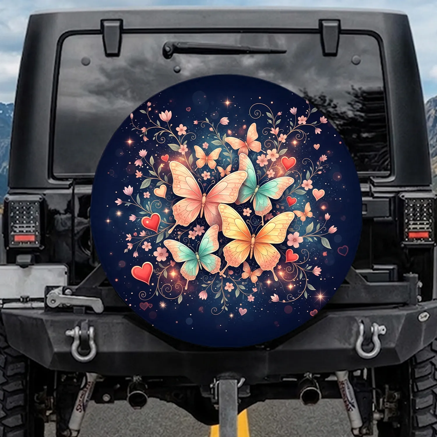 Ornate Butterflies Floral Sprigs Glowing Hearts Cosmic Sky - Home Decor Gift Spare Tire Cover - 1