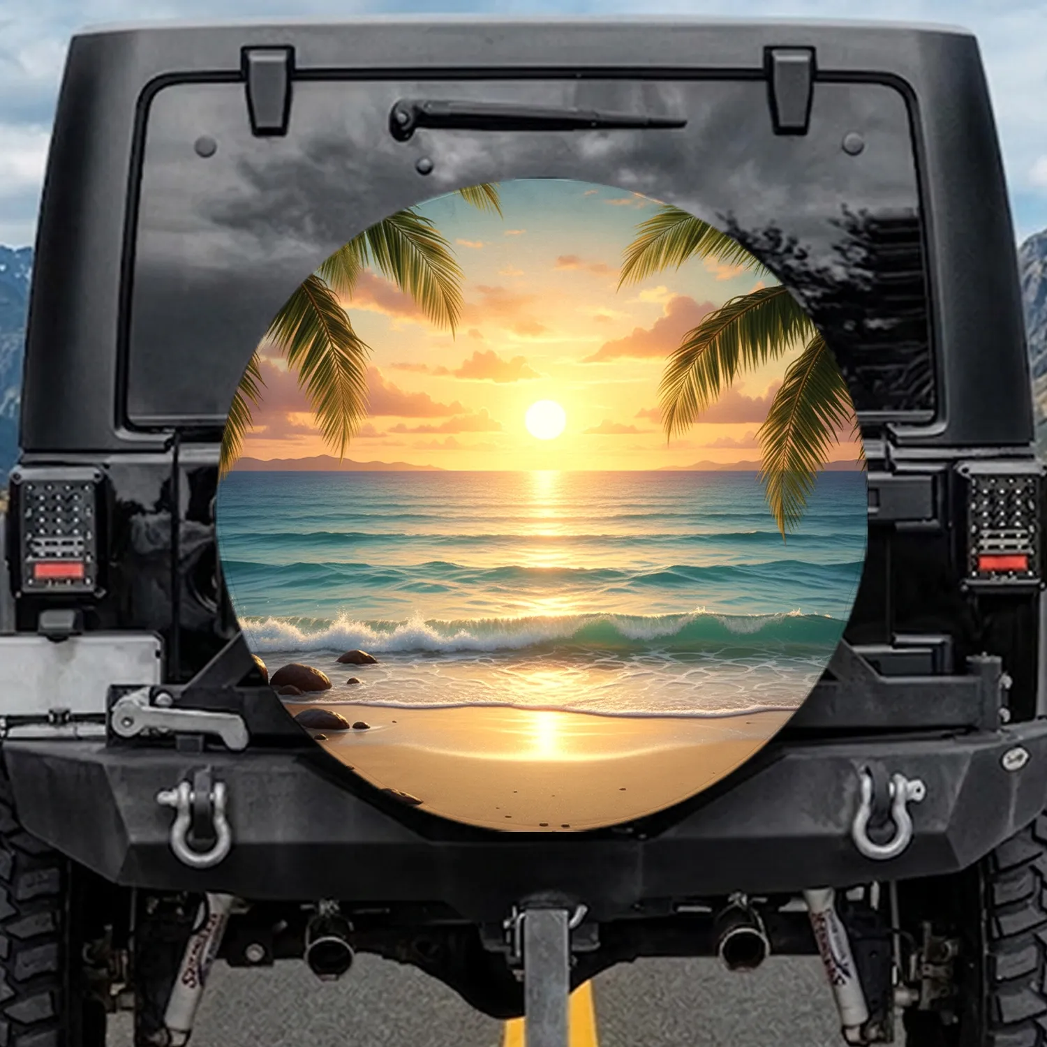 Tropical Ocean Beach Golden Sunset Palm Fronds - Vacation Travel Essential Gift Spare Tire Cover - 1