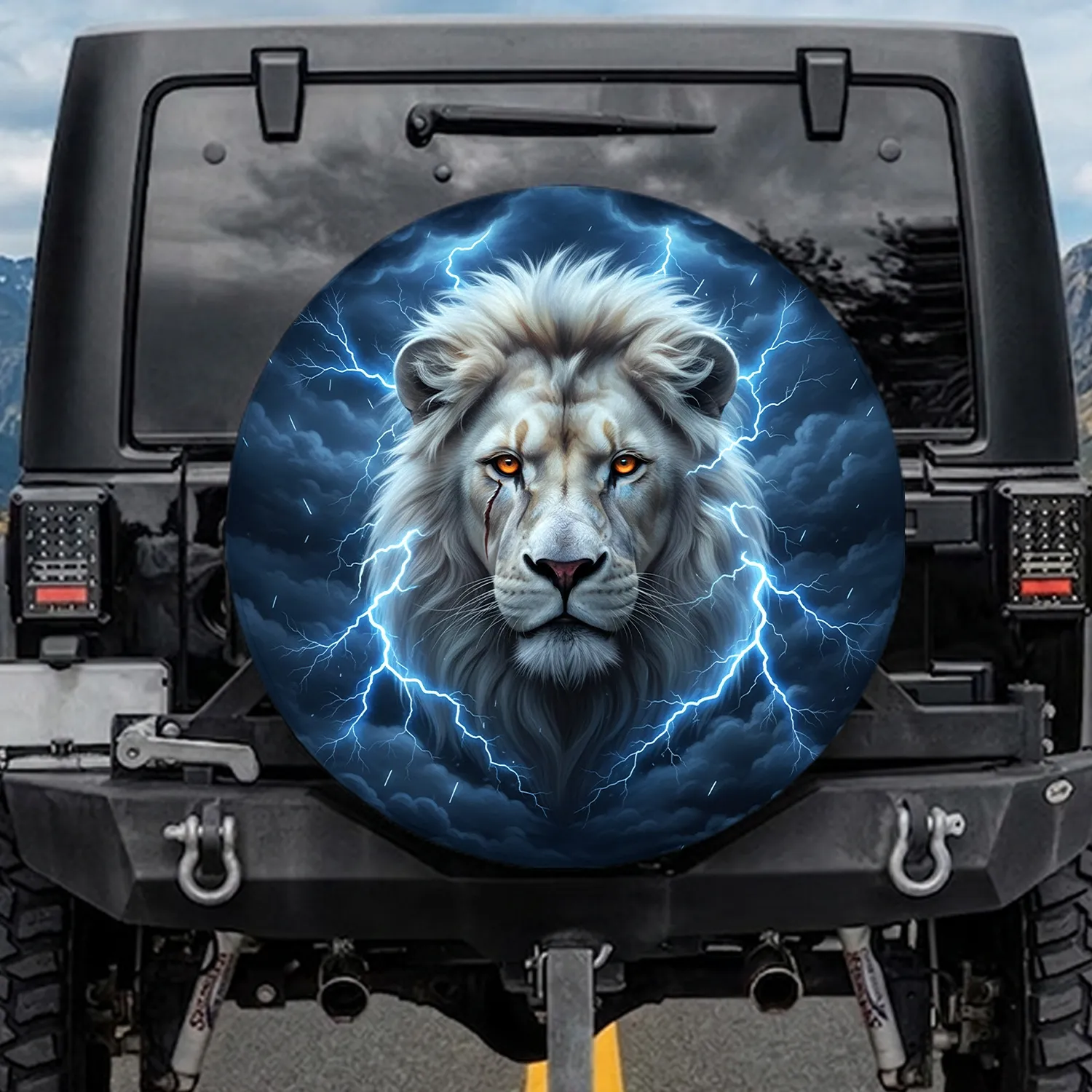 Majestic White Lion Head Scar Electric Lightning Stormy Sky – Wildlife Lover Gift Spare Tire Cover - 1