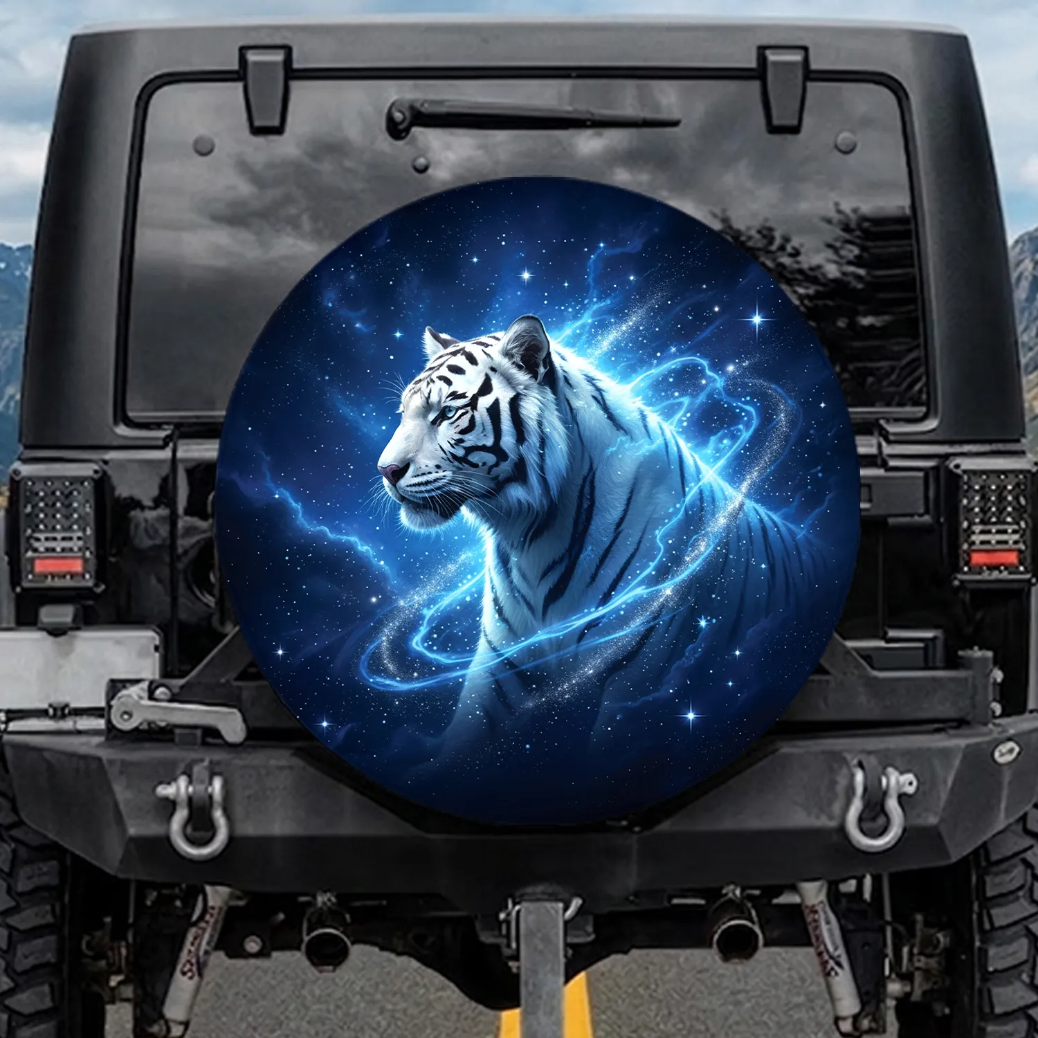 Ethereal White Tiger Profile Electric Blue Cosmic Starlight - Wildlife Lover Gift Spare Tire Cover - 1