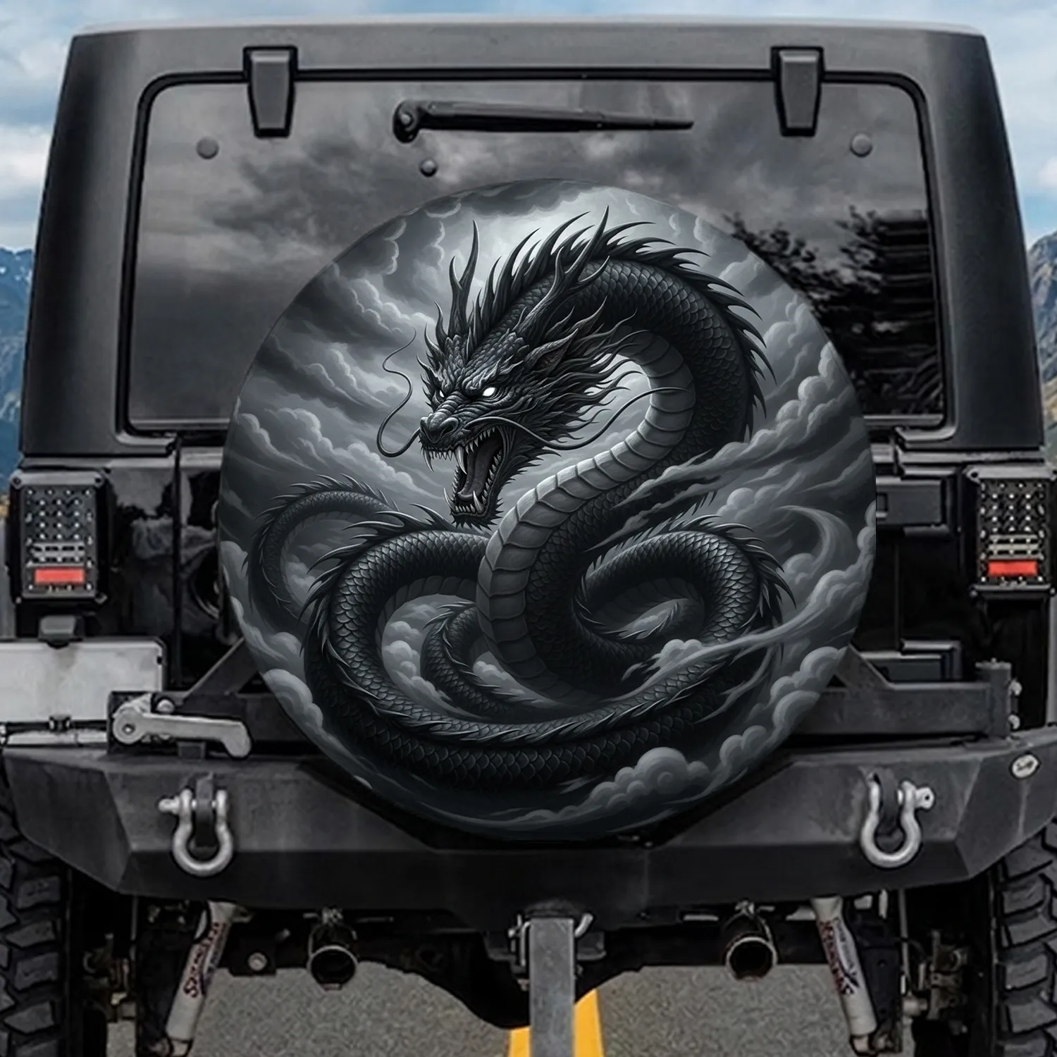 Roaring Black Eastern Dragon Storm Clouds - Fantasy Lover Gift Spare Tire Cover - 1