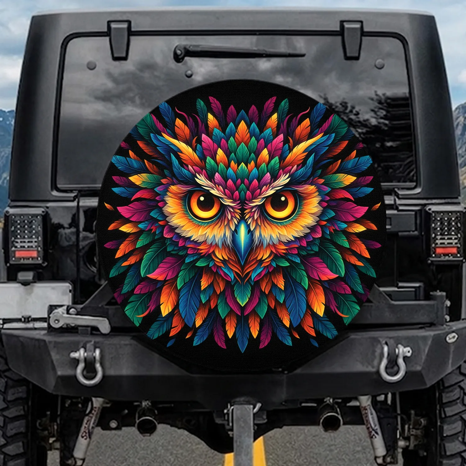 Majestic Symmetrical Owl Face Textured Feathers Woven Texture - Wildlife Lover Gift Spare Tire Cover - 1