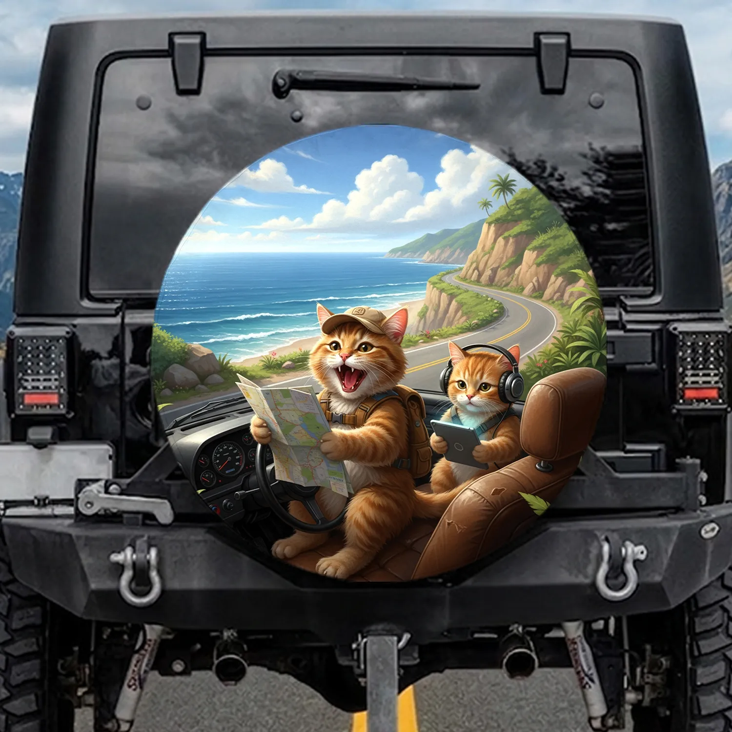 Excited Ginger Tabby Cats Coastal Highway Road Trip - Travel Gift for Cat Lover Spare Tire Cover - 1