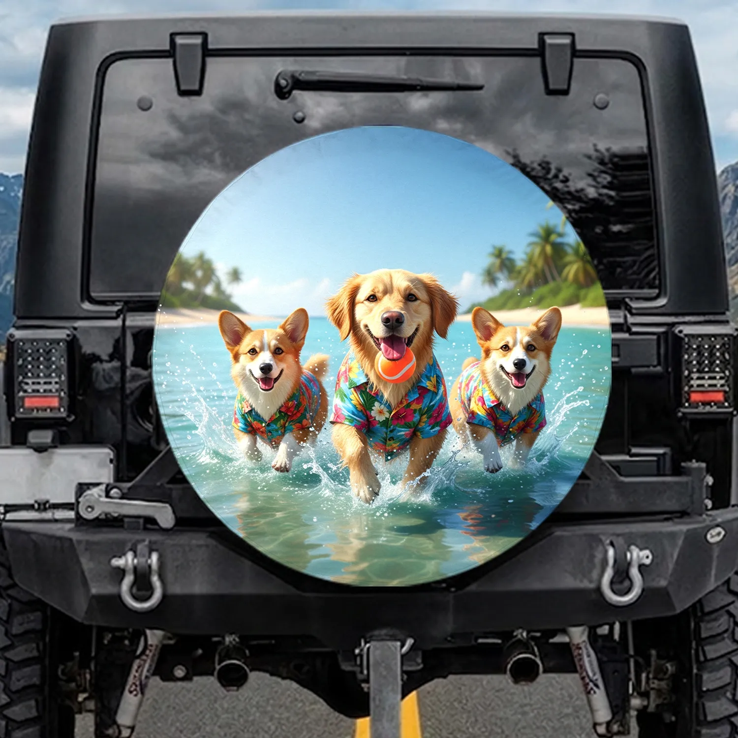 Smiling Corgi Golden Retriever Hawaiian Shirts Ocean Beach - Dog Lover Vacation Gift Spare Tire Cover - 1