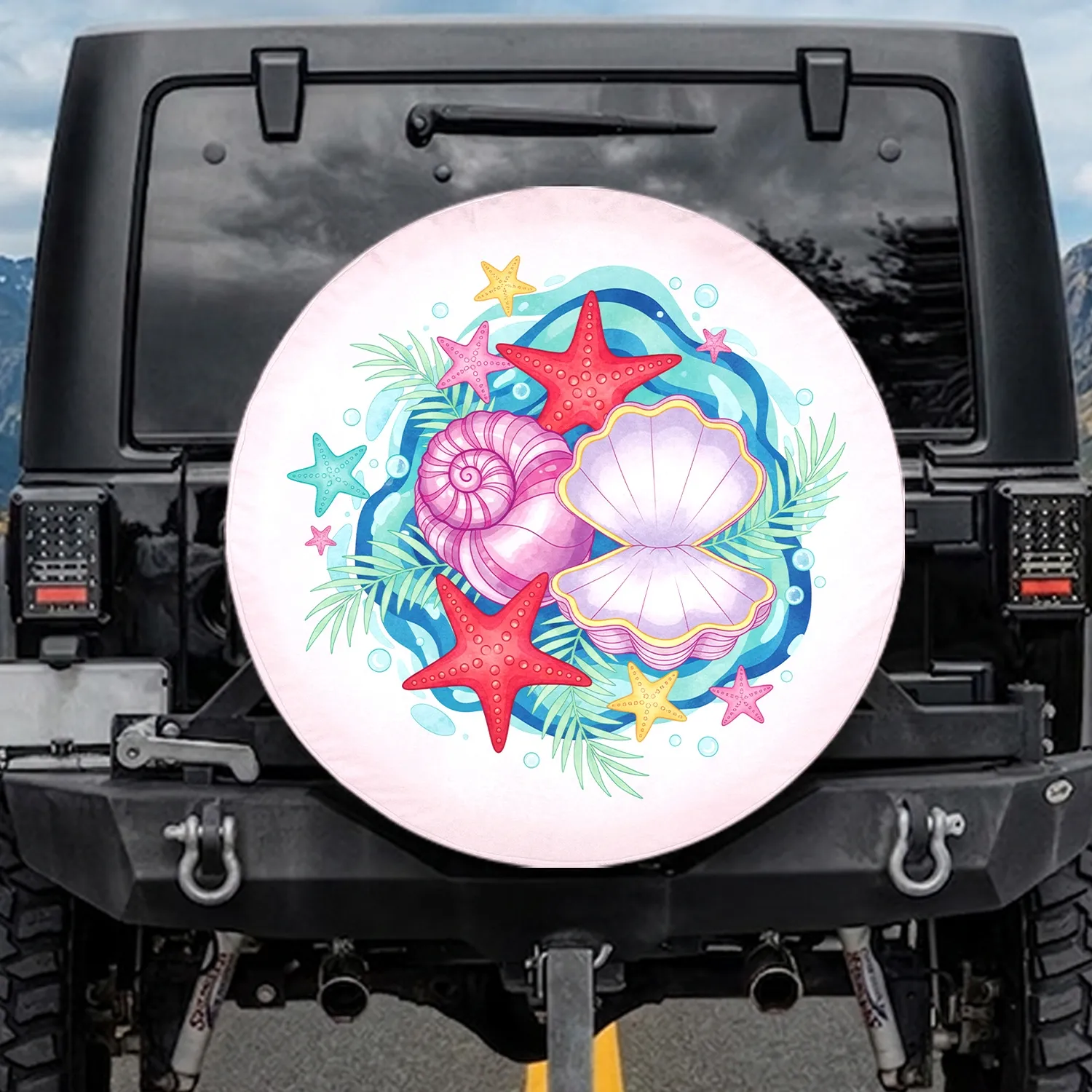 Tropical Conch Clam Seashells Starfish Palm Fronds Wave Shapes - Coastal Living Gift Spare Tire Cover - 1