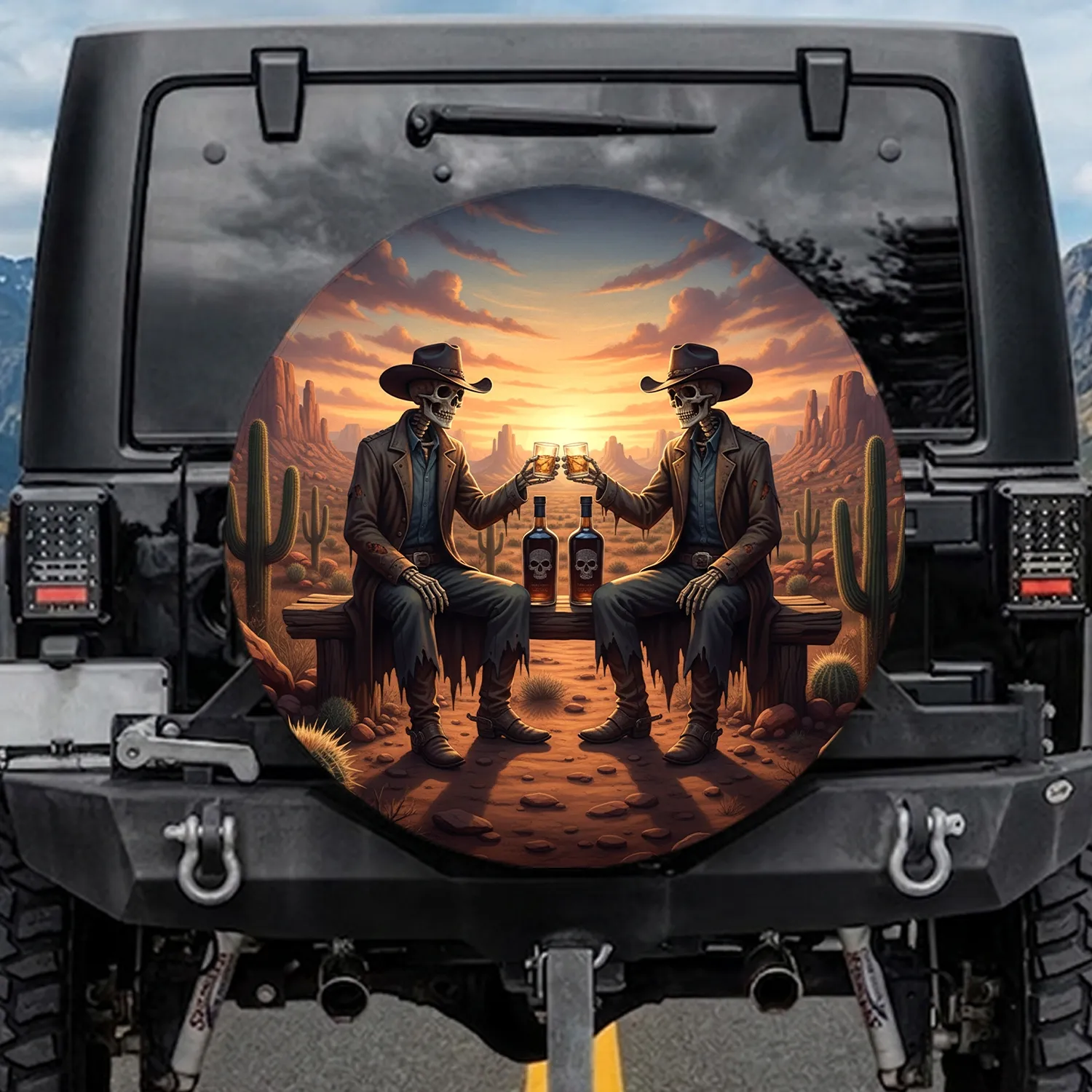 Skeletal Cowboy Figures Sharing Drinks Desert Landscape - Western Decor Gift Spare Tire Cover - 1