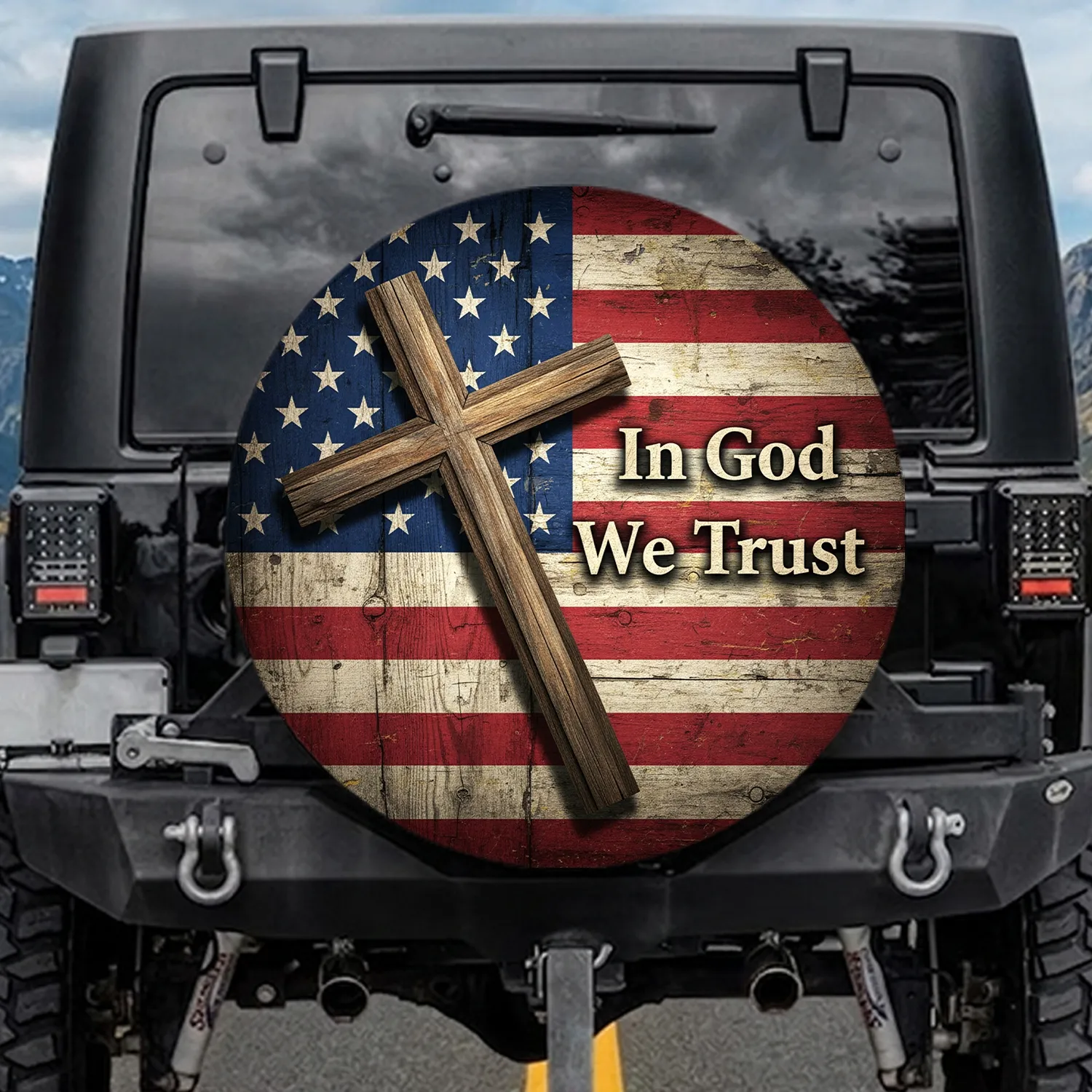 Rustic Cross American Flag In God We Trust - Independence Day Gift for Veterans Spare Tire Cover - 1