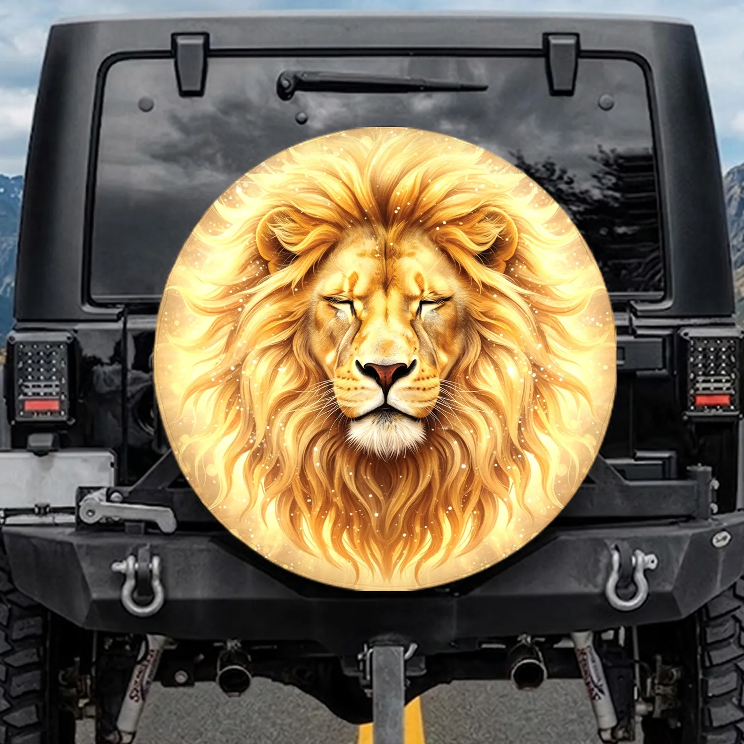 Regal Golden Lion Head Luminous Mane Ethereal Glow - Wildlife Lover Gift for Animal Lover Spare Tire Cover - 1
