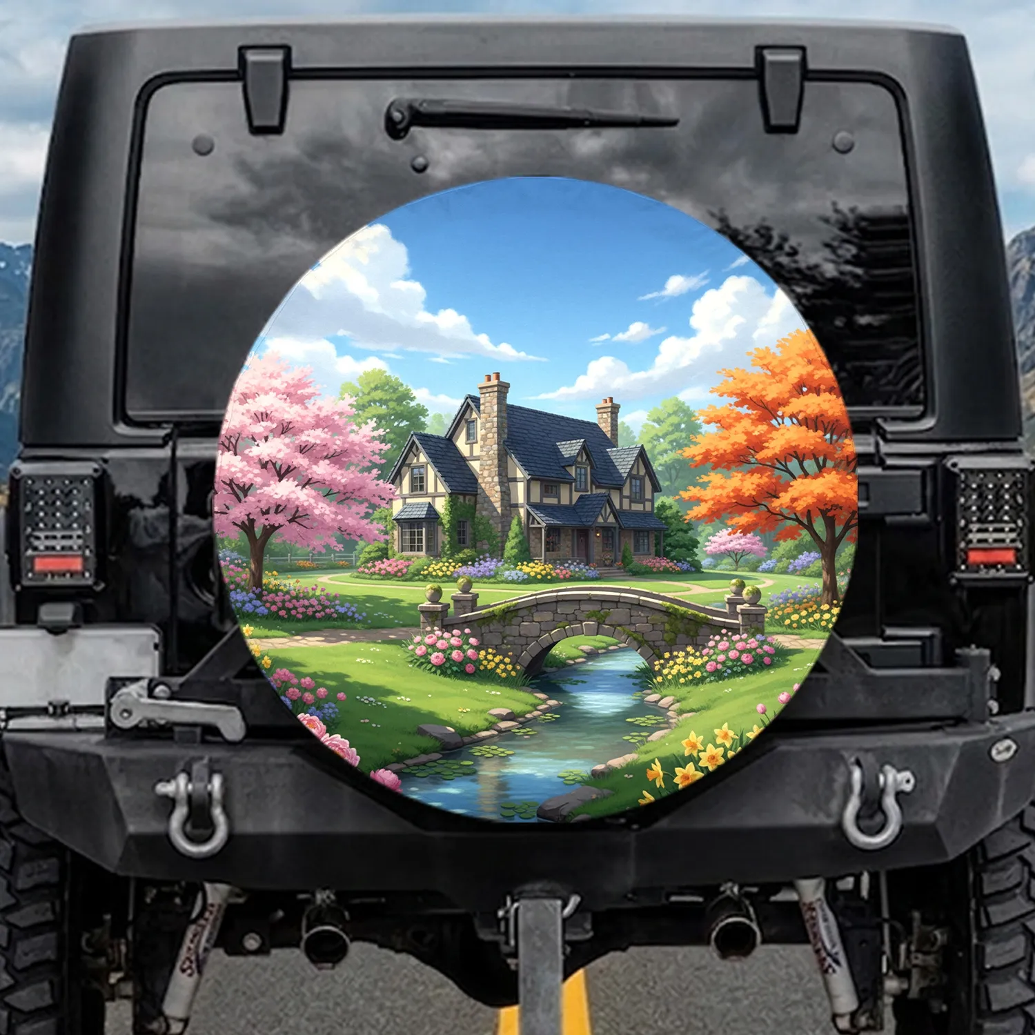Charming House Spring Garden Stone Arch Bridge Cherry Blossom Maple - Garden Lover Gift Spare Tire Cover - 1