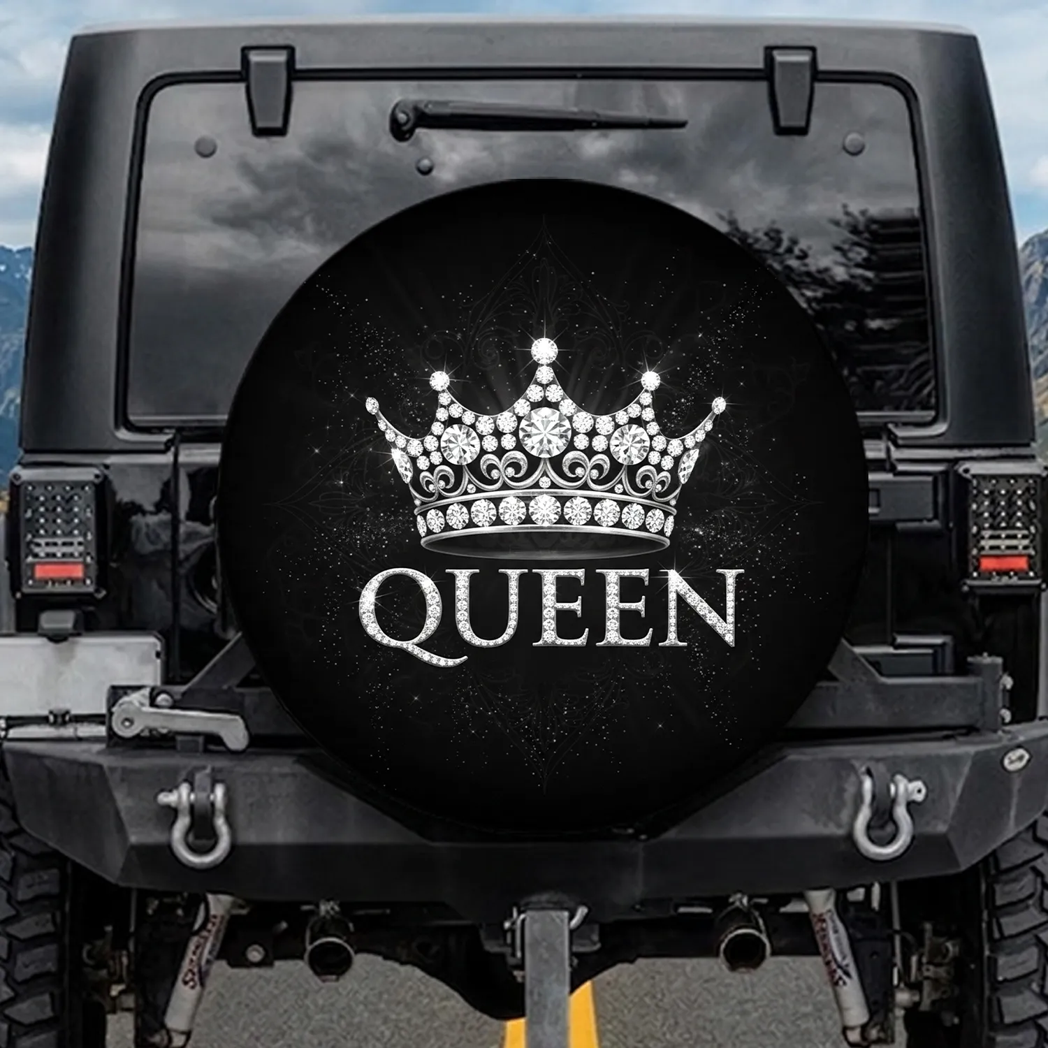 Sparkling Diamond Royal Crown Queen Lettering - Luxury Vehicle Accessory for Her Spare Tire Cover - 1