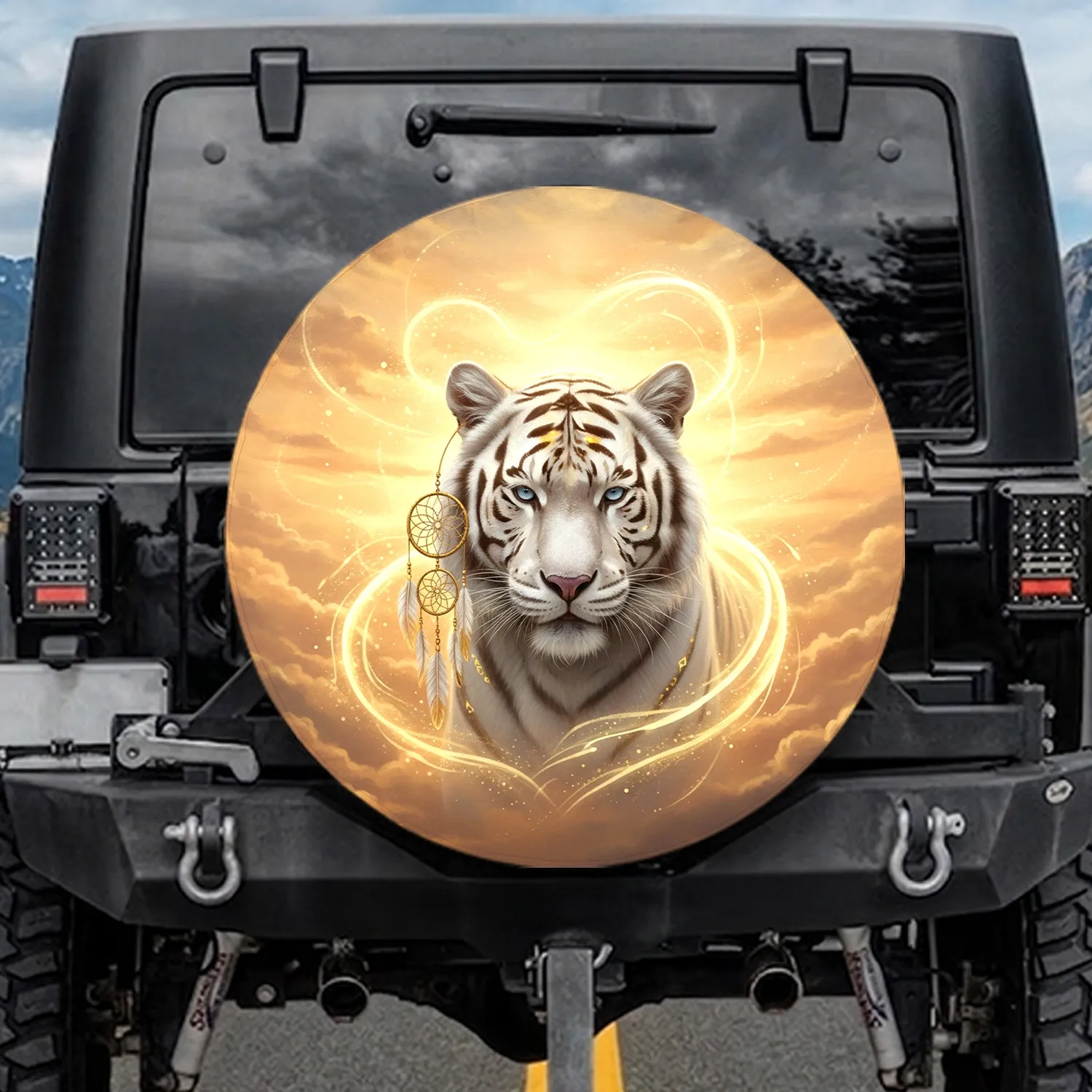 Majestic White Tiger Golden Tribal Dreamcatcher Sunset Sky - Wildlife Lover Gift Spare Tire Cover - 1