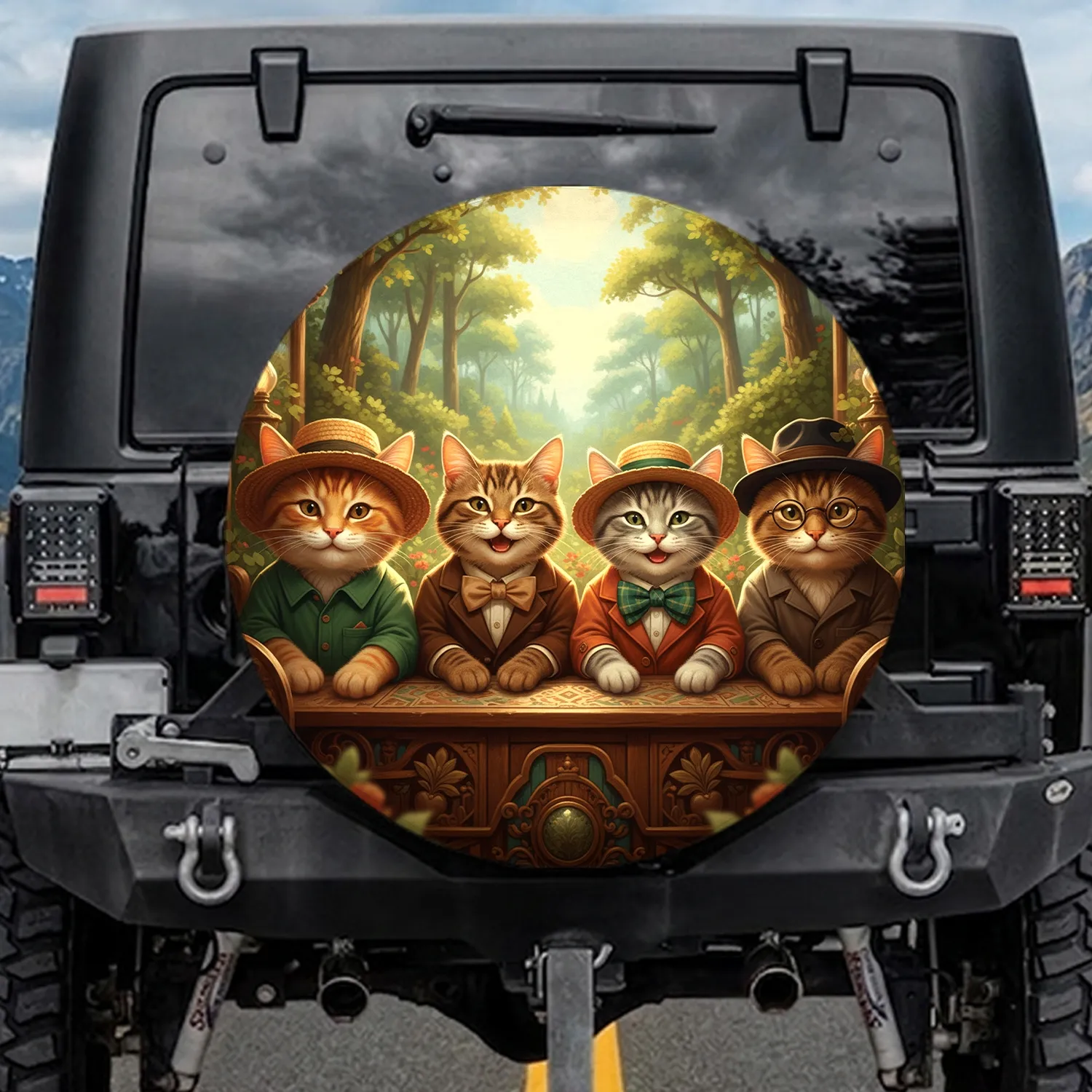 Four Friendly Cats in Straw Hats & Jackets Travel Attire - Adventure Lover Gift for Cat Lovers Spare Tire Cover - 1