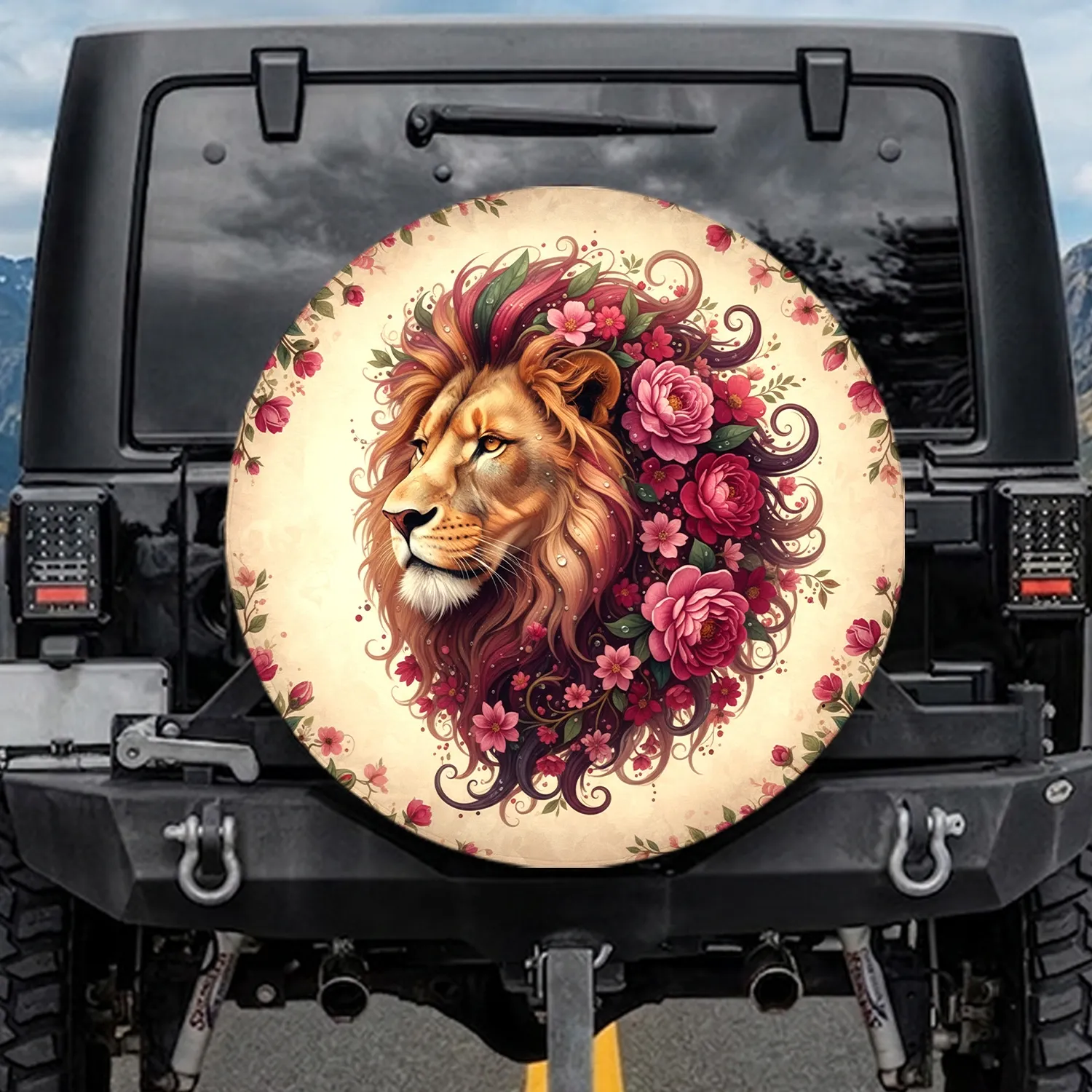 Lion Head Flower Mane with Lush Botanicals - Wildlife Lover Gift Spare Tire Cover - 1