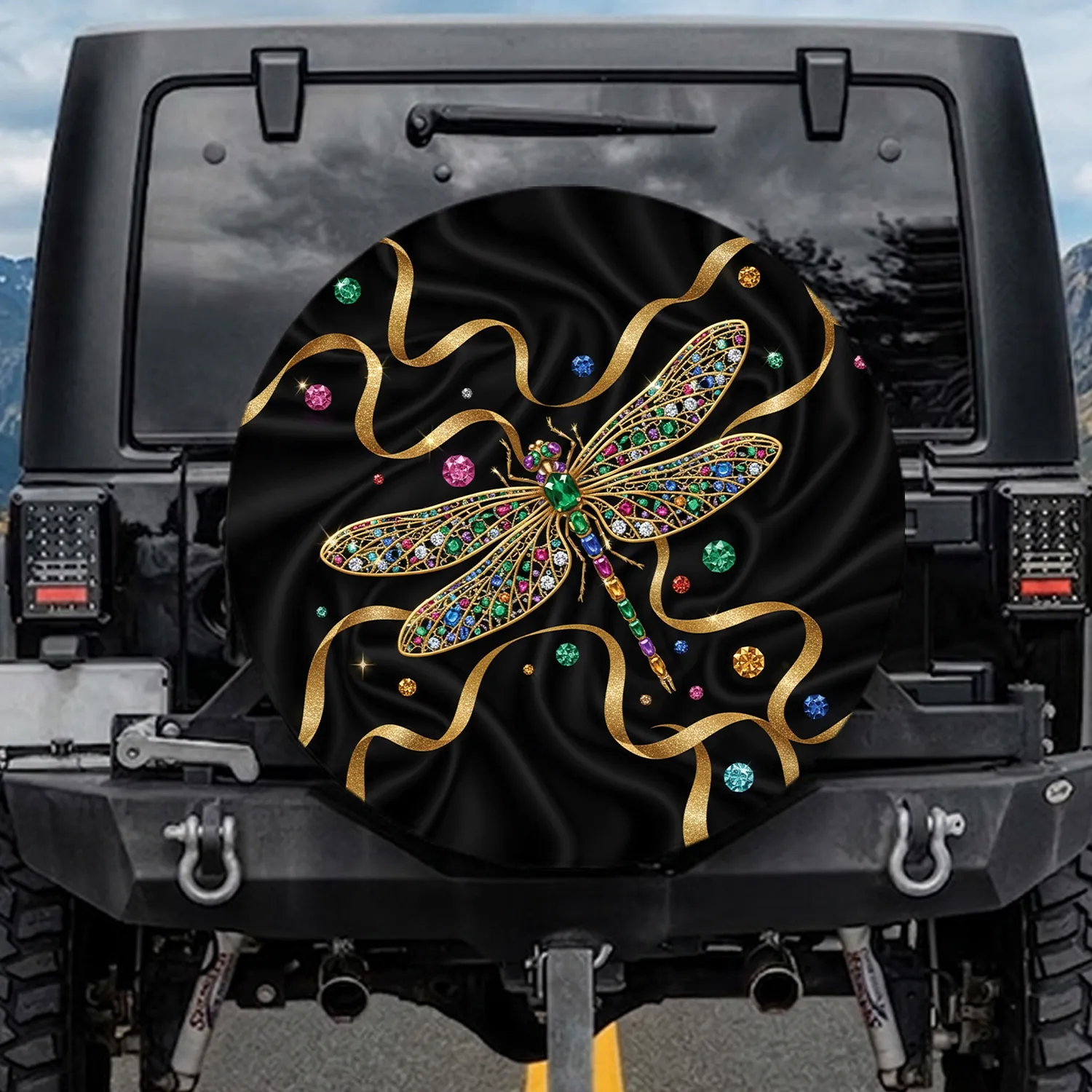 Jeweled Dragonfly Sparkling Gemstones Golden Ribbons - Vehicle Decor Gift Spare Tire Cover - 1