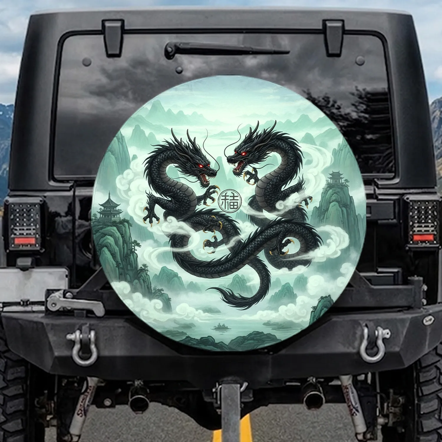 Black Eastern Dragons Misty Mountain Pagoda - Fantasy Lover Gift Spare Tire Cover - 1