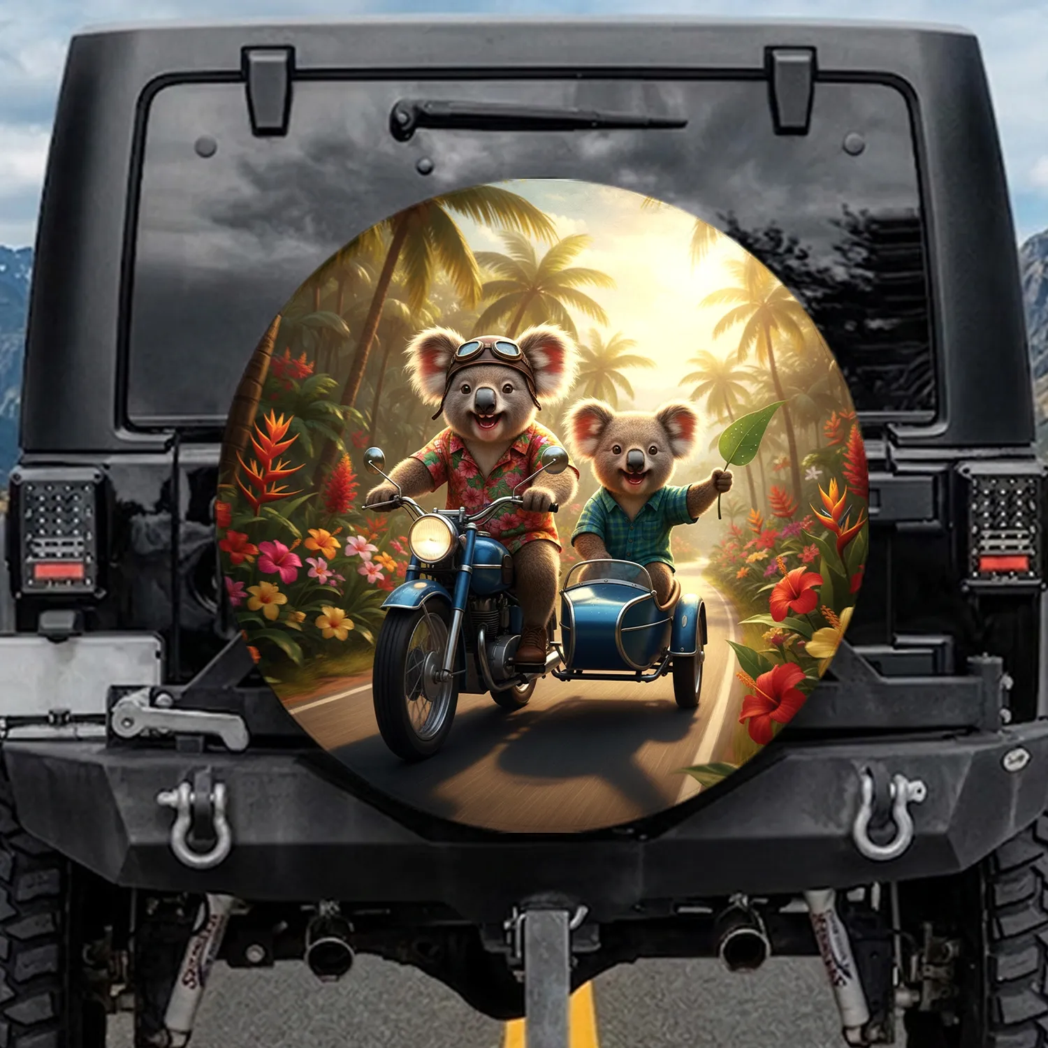 Realistic Koalas on Motorcycle with Sidecar in Tropical Jungle - Adventure Travel Gift Spare Tire Cover - 1