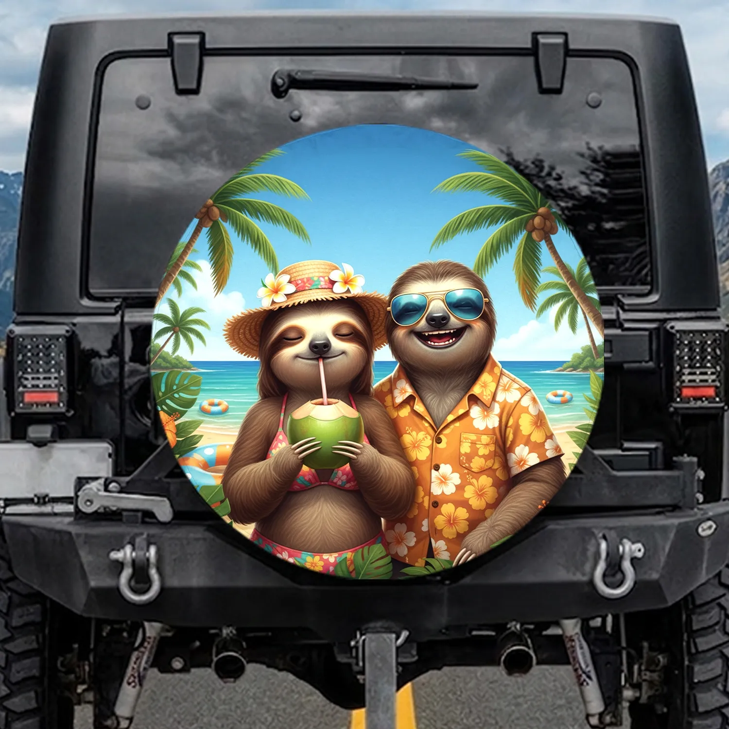 Happy Sloths Tropical Beach Palm Trees - Vacation Travel Essentials Sloth Lover Gift Spare Tire Cover - 1