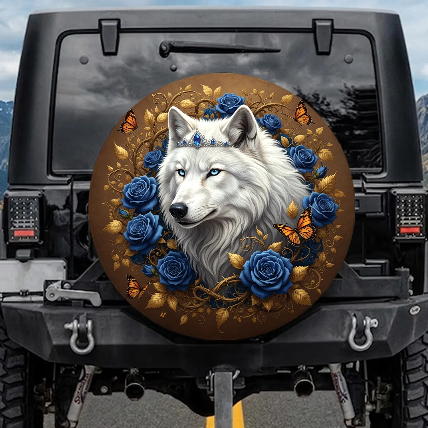 Ice Eye Wolf Crown Roses Winged Butterflies - Wildlife Lover Gift for Wolf Lover Spare Tire Cover - 1