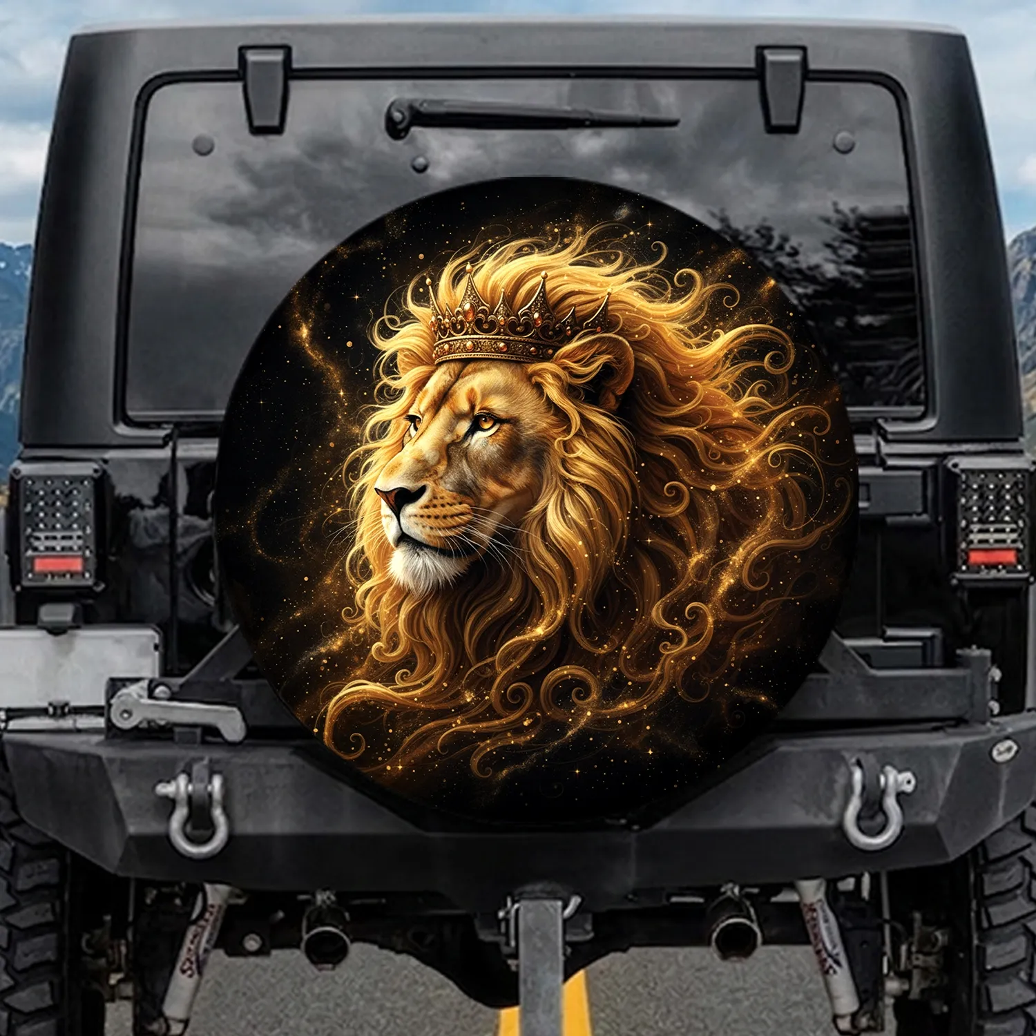 Regal Lion Golden Crown Golden Mane Cosmic Expanse - Wildlife Lover Gift for Lion Lover Spare Tire Cover - 1