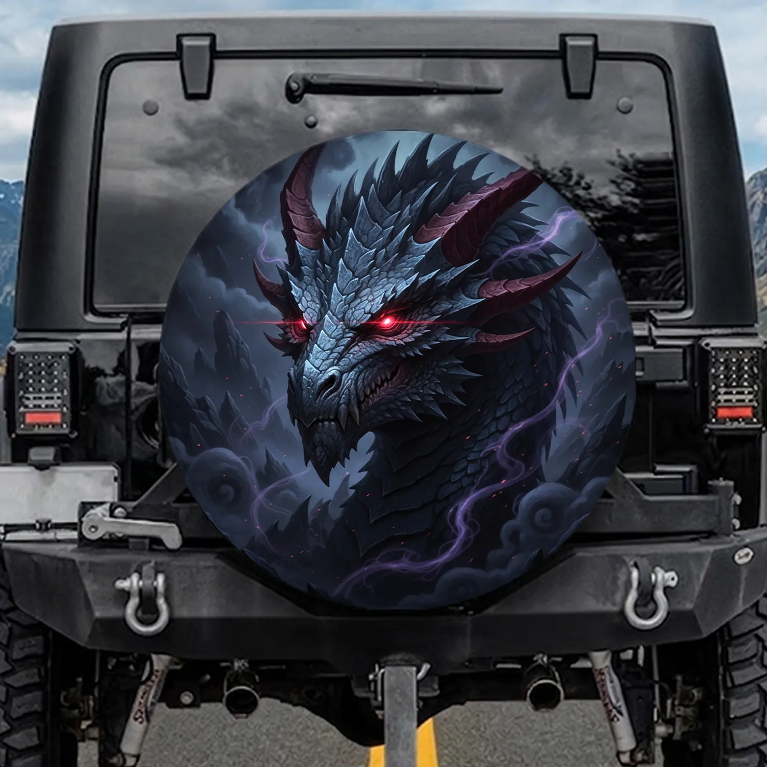 Craggy Dragon Head Red Eyes Scales Horns Rock Formations - Dragon Lover Gift Spare Tire Cover - 1