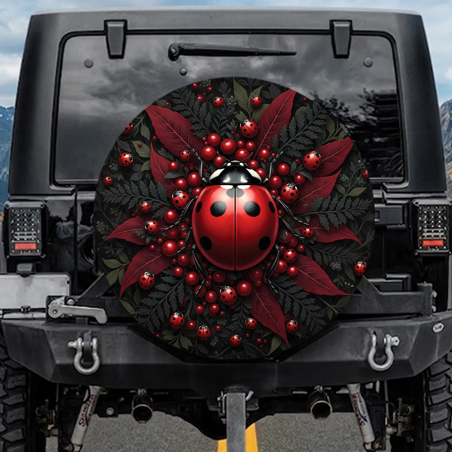 Ladybug Swarm Red Berries Red Leaves Charcoal Foliage - Wildlife Lover Gift Spare Tire Cover - 1