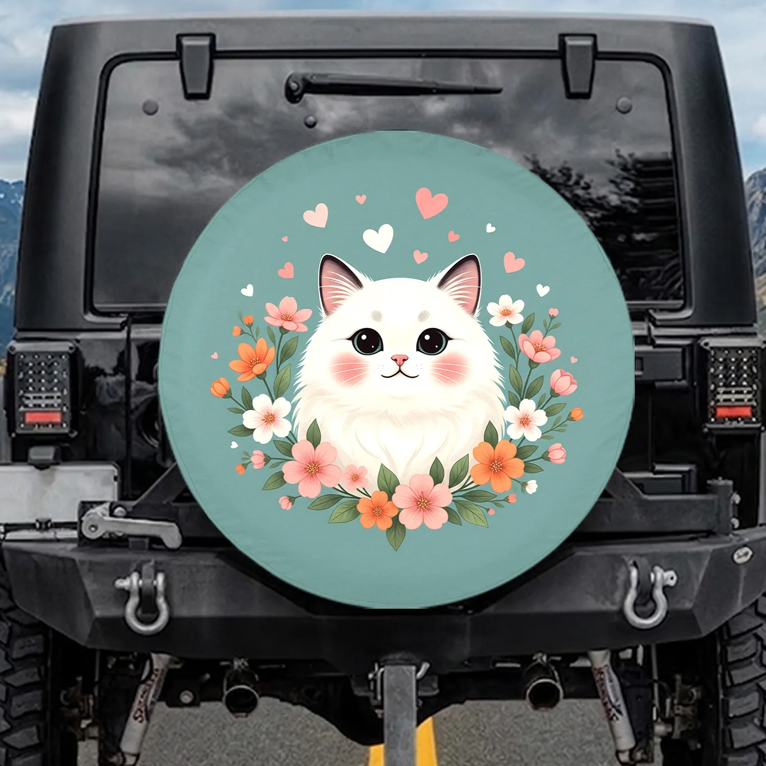 Fluffy White Cat Rosy Cheeks Pastel Spring Flowers Hearts - Cat Lover Everyday Gift Spare Tire Cover - 1