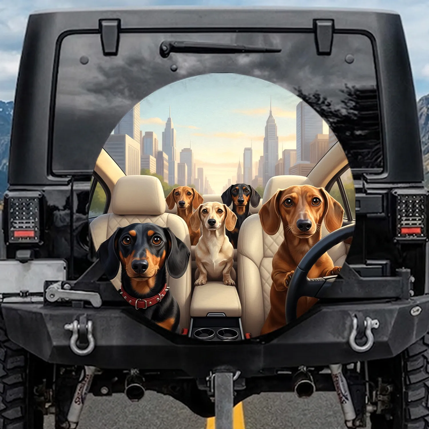 Five Dachshunds Riding in Car Urban Cityscape Golden Hour Adventure - Dog Lover Travel Gift Spare Tire Cover - 1