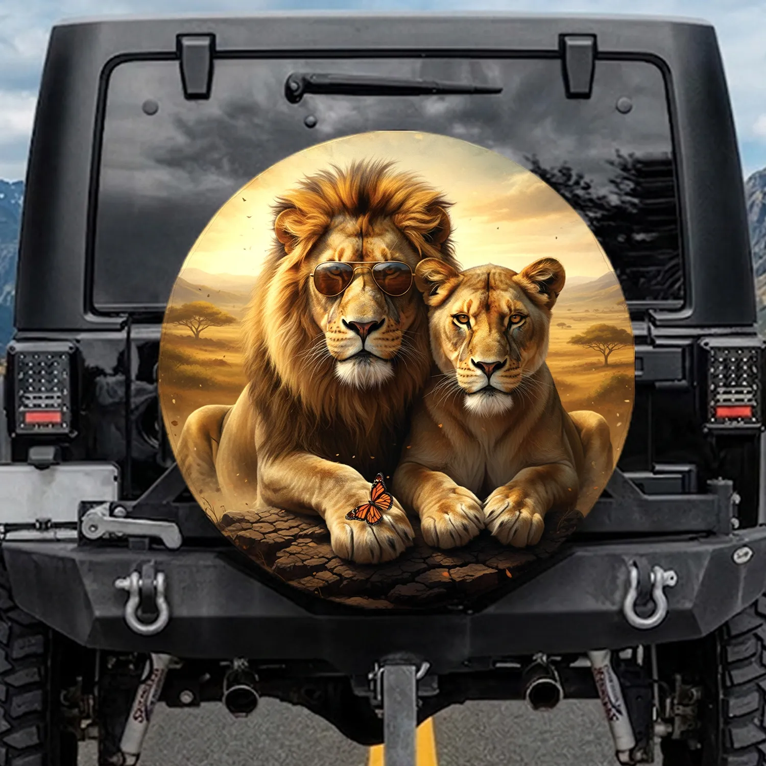 Regal Lion Lioness Monarch Butterfly Savannah - Adventure Seeker Gift Spare Tire Cover - 1