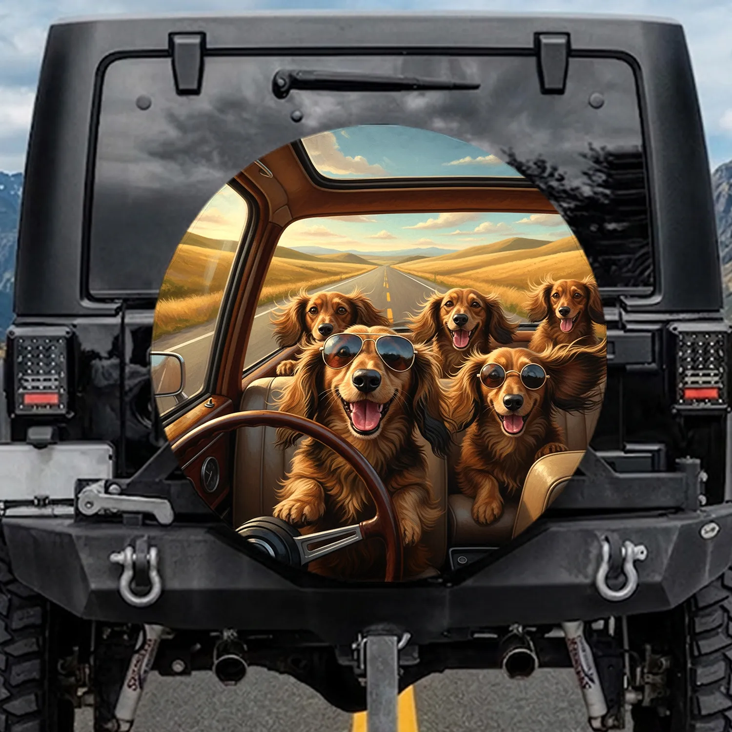 Long-Haired Dachshunds Driving Vehicle Road Trip - Travel Lover Gift for Dog Owners Spare Tire Cover - 1