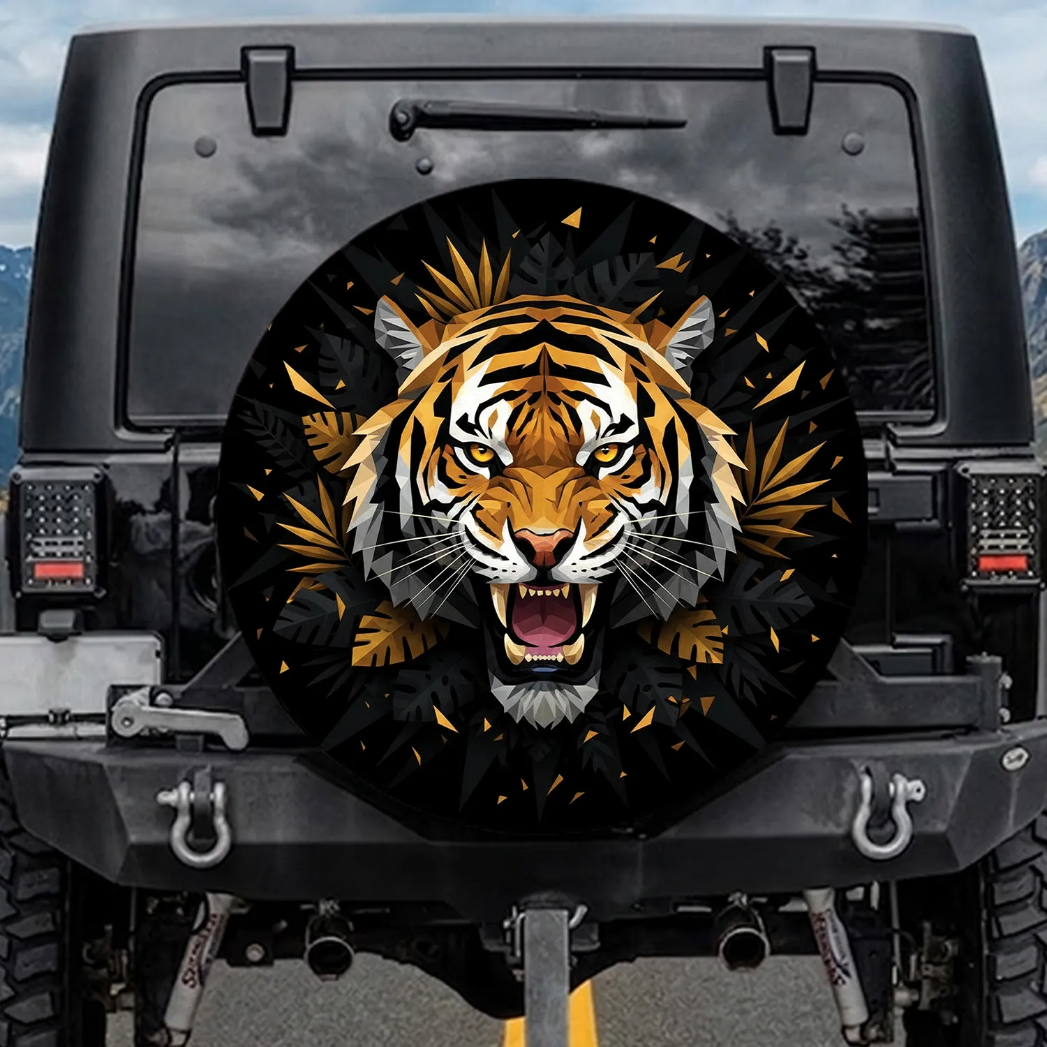 Snarling Tiger Head Facets Jungle Foliage Shards Wildlife Lover Gift Spare Tire Cover - 1