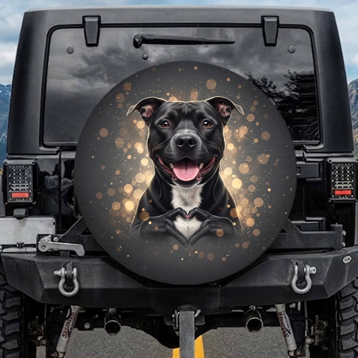 Smiling Black Pitbull Dog White Chest Heart Paws Bokeh Lights - Home Decor Gift for Dog Lovers Spare Tire Cover - 1