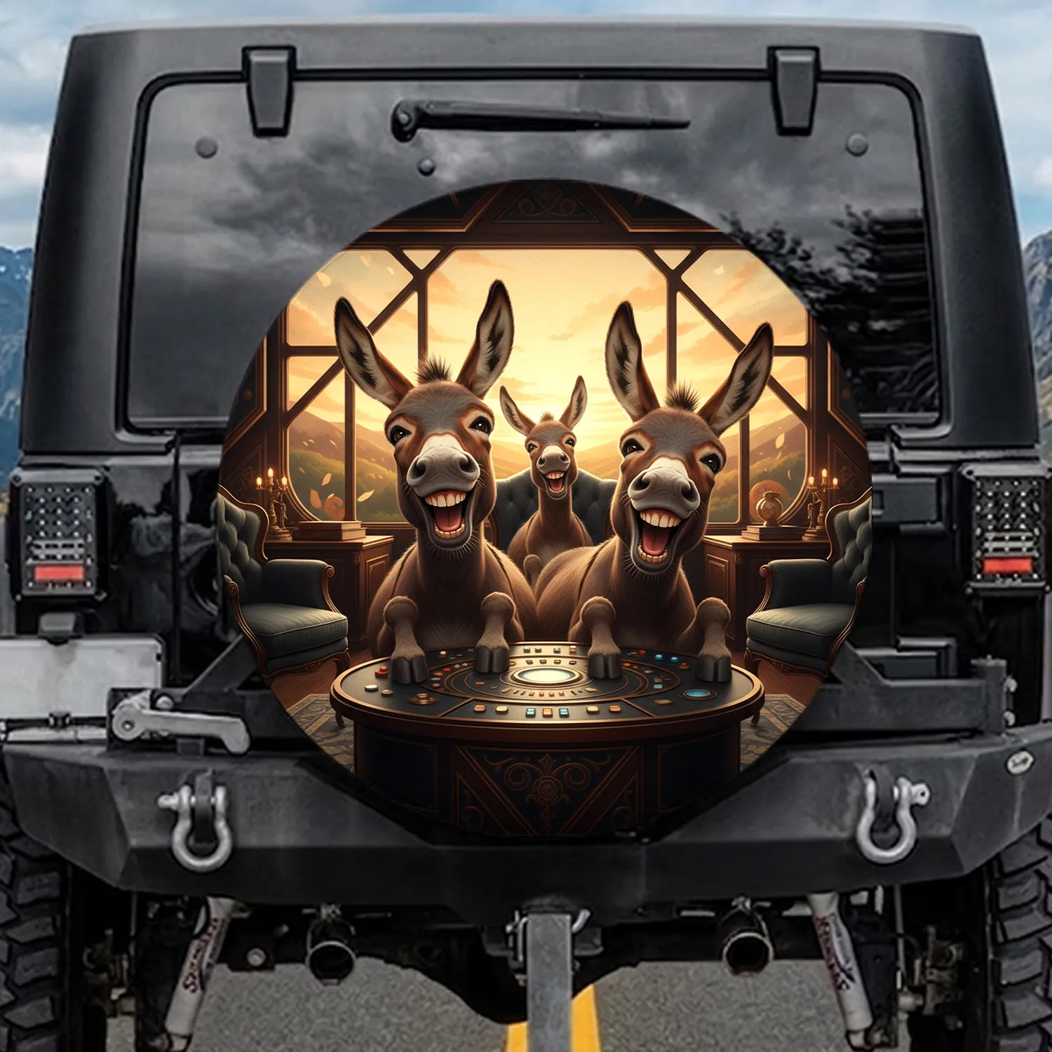 Smiling Donkeys Golden Hour Landscape - Animal Lover Gift for Donkey Enthusiasts Spare Tire Cover - 1